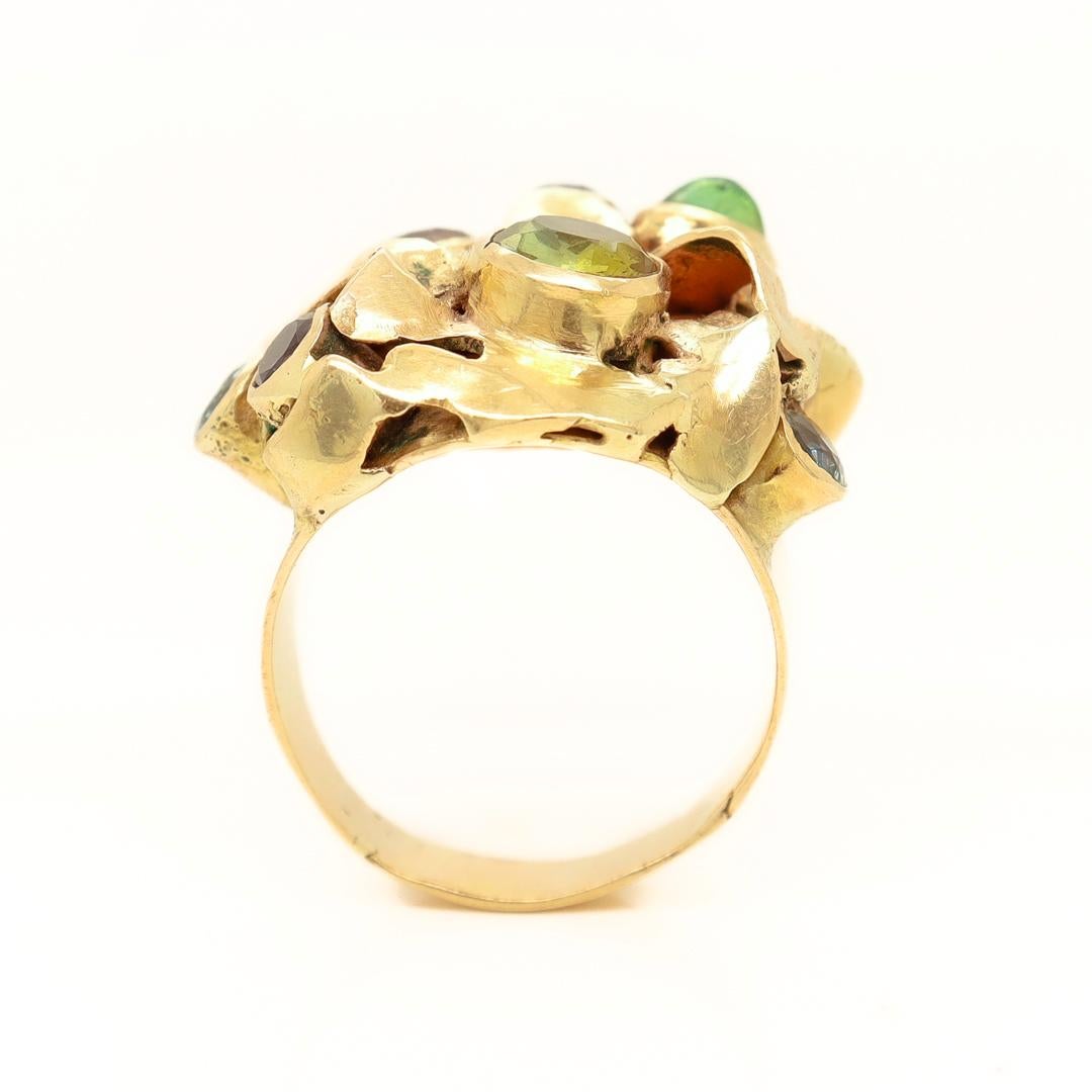 1960's Modernist 14k Gold & Multi-Gemstone Cocktail Ring by Resia Schor For Sale 2