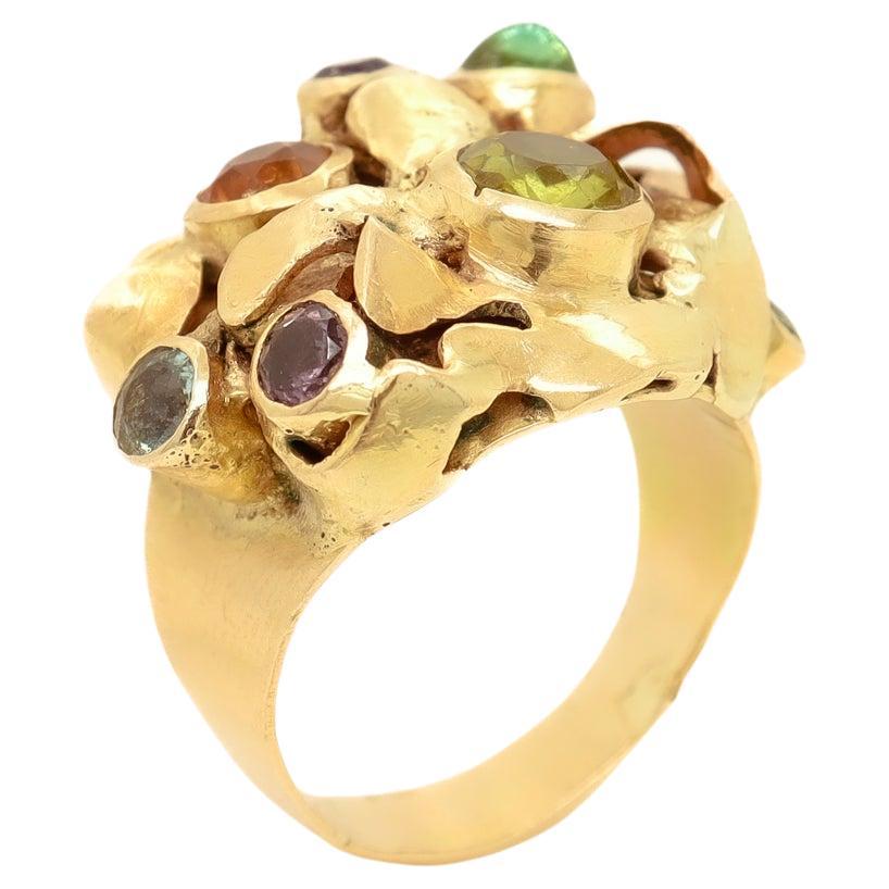 1960's Modernist 14k Gold & Multi-Gemstone Cocktail Ring by Resia Schor For Sale
