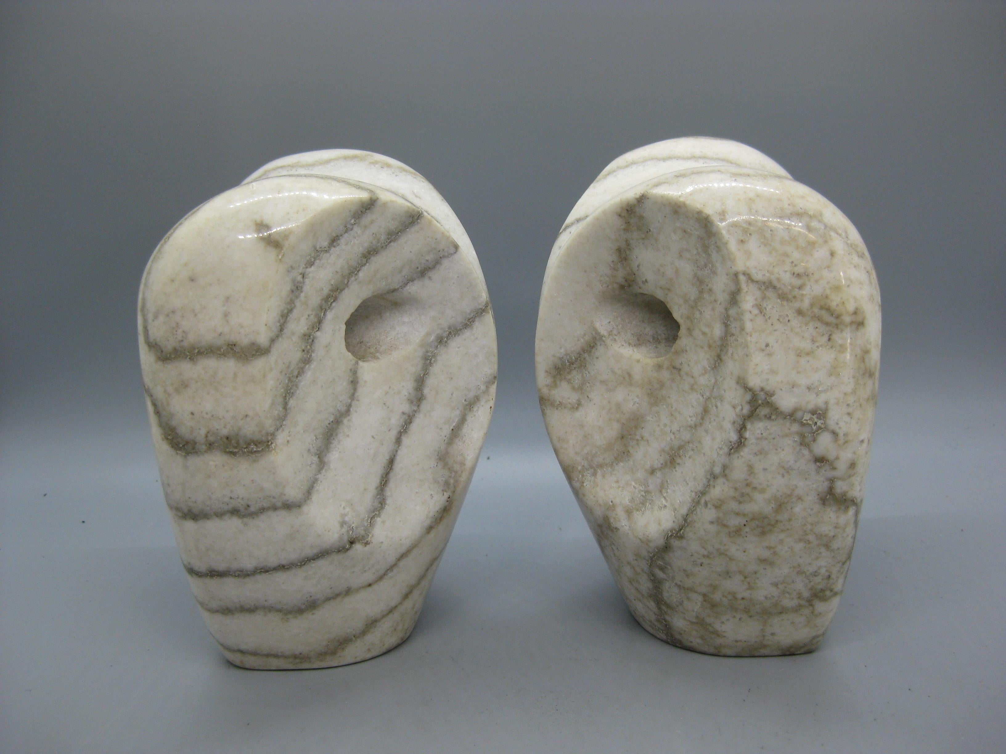 1960's Modernist Abstract Italian Carved Alabaster Owl Bookends Sculpture Italy For Sale 5