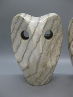 1960's Modernist Abstract Italian Carved Alabaster Owl Bookends Sculpture Italy