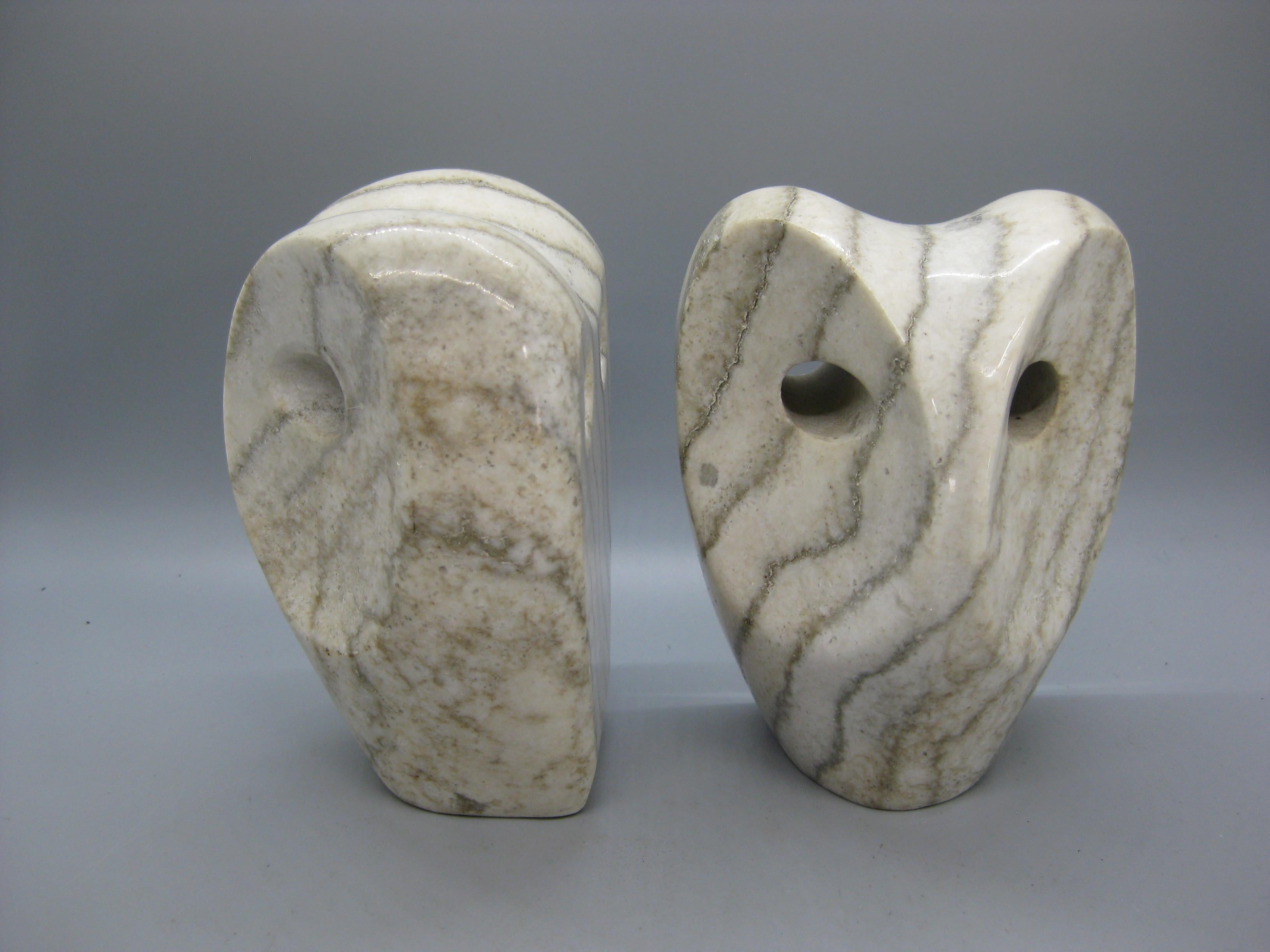 20th Century 1960's Modernist Abstract Italian Carved Alabaster Owl Bookends Sculpture Italy For Sale
