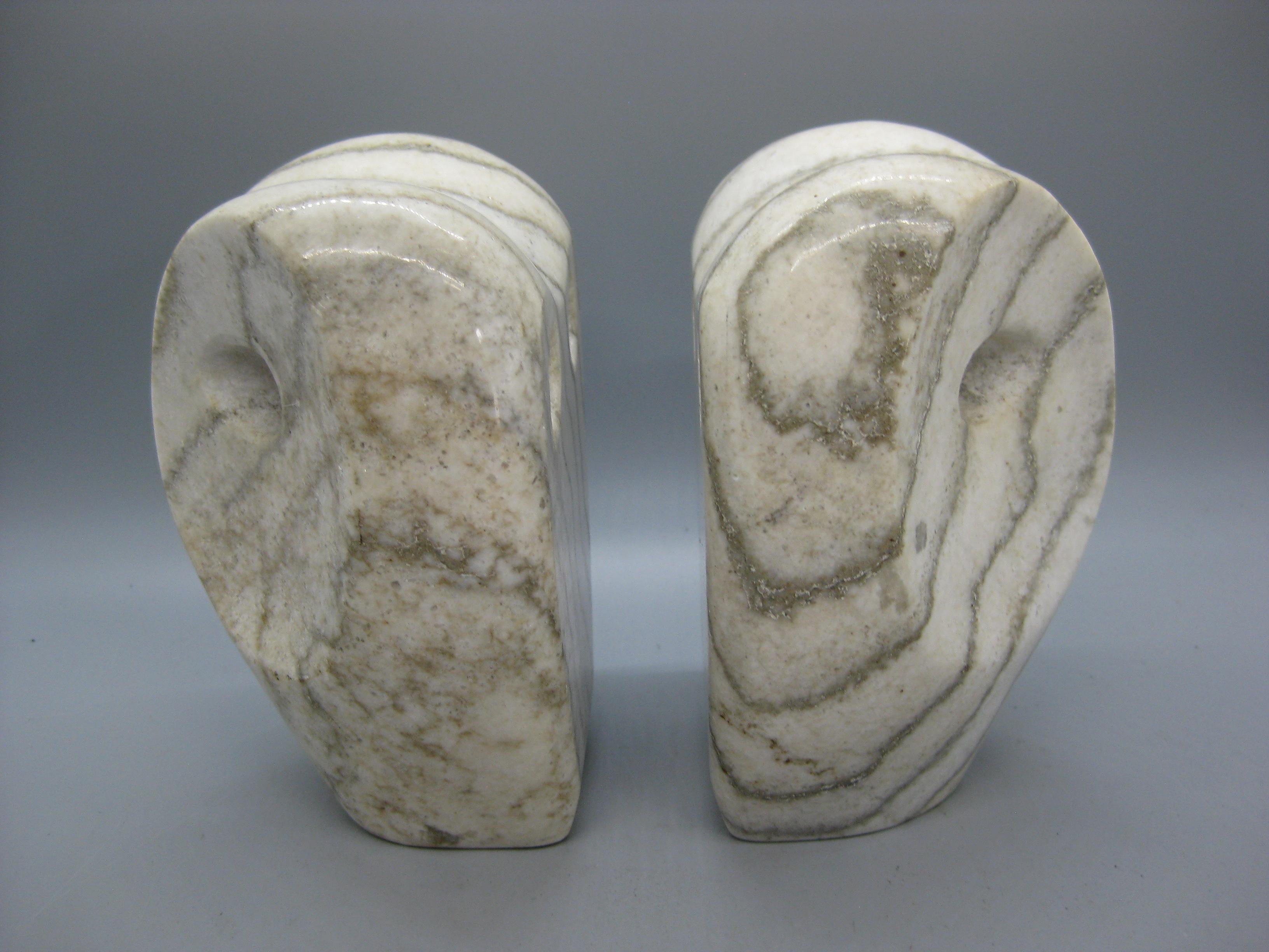 1960's Modernist Abstract Italian Carved Alabaster Owl Bookends Sculpture Italy For Sale 1