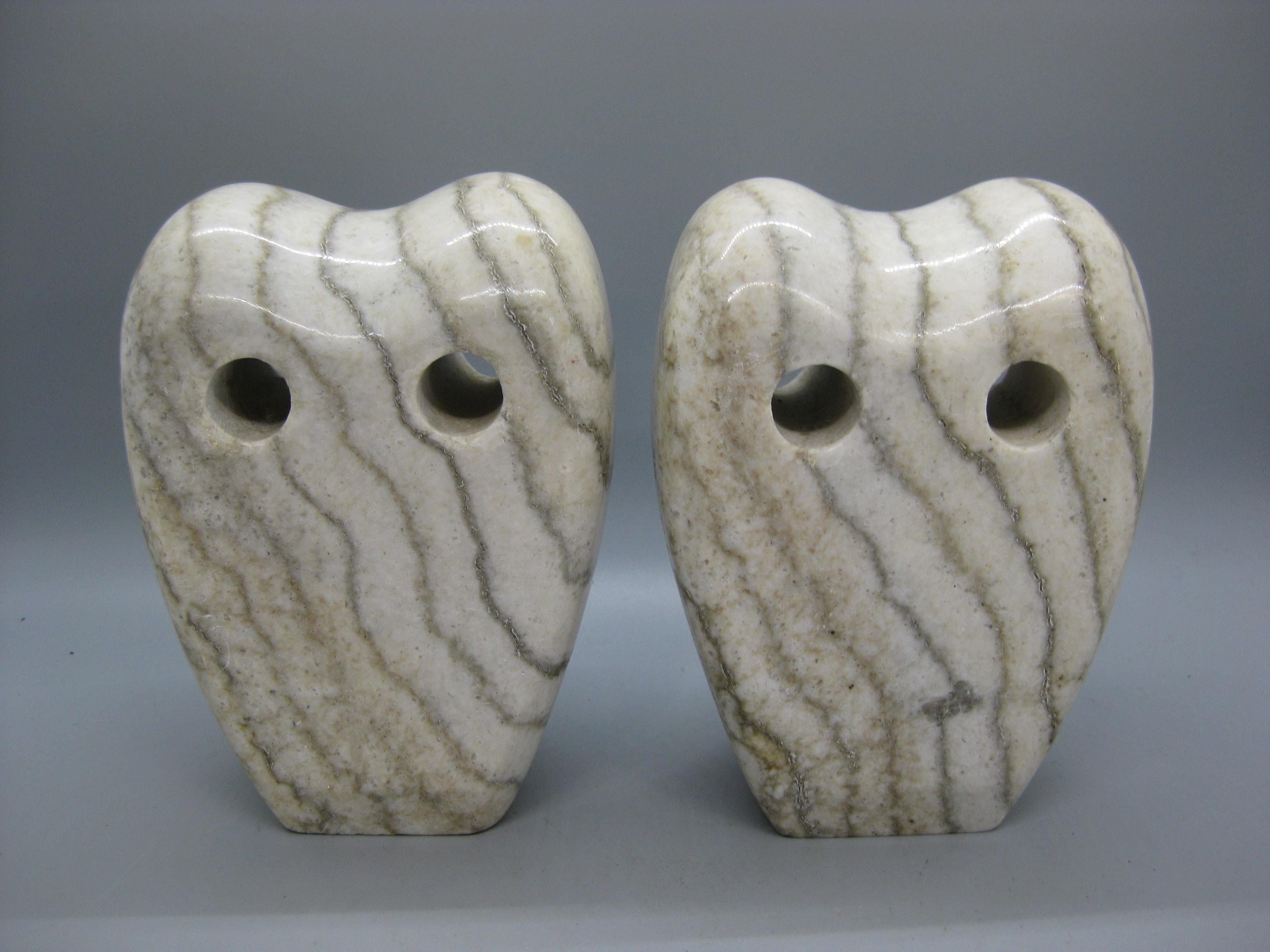 1960's Modernist Abstract Italian Carved Alabaster Owl Bookends Sculpture Italy For Sale 2