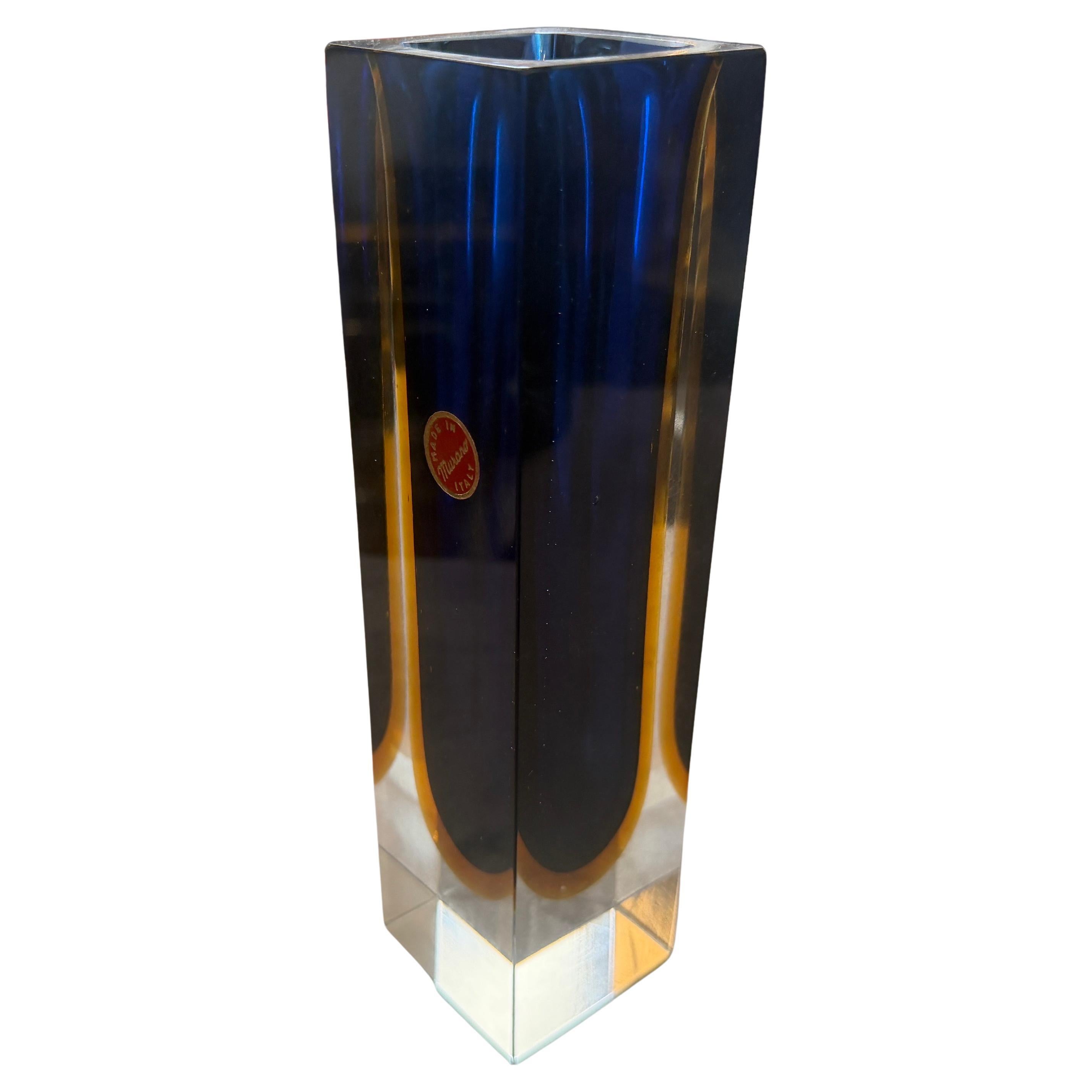 1960s, Modernist Blue and Yellow Sommerso Murano Glass Square Vase by Seguso
