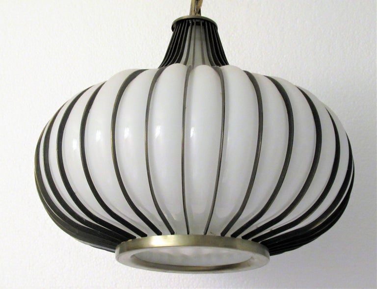 1960s Modernist Brass and Glass Onion Form Pendant Chandelier at