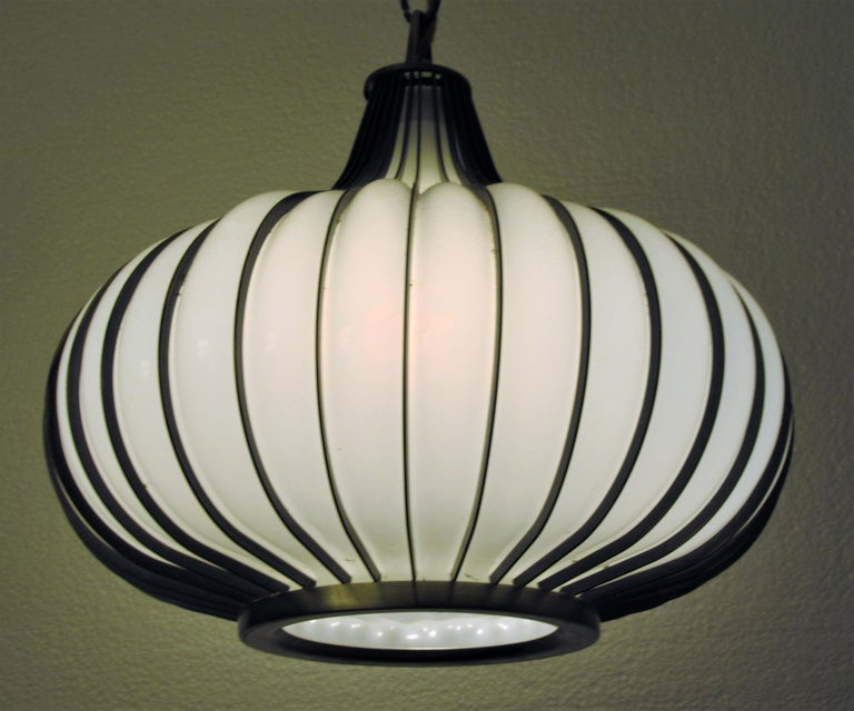 1960s Modernist Brass and Glass Onion Form Pendant Chandelier at