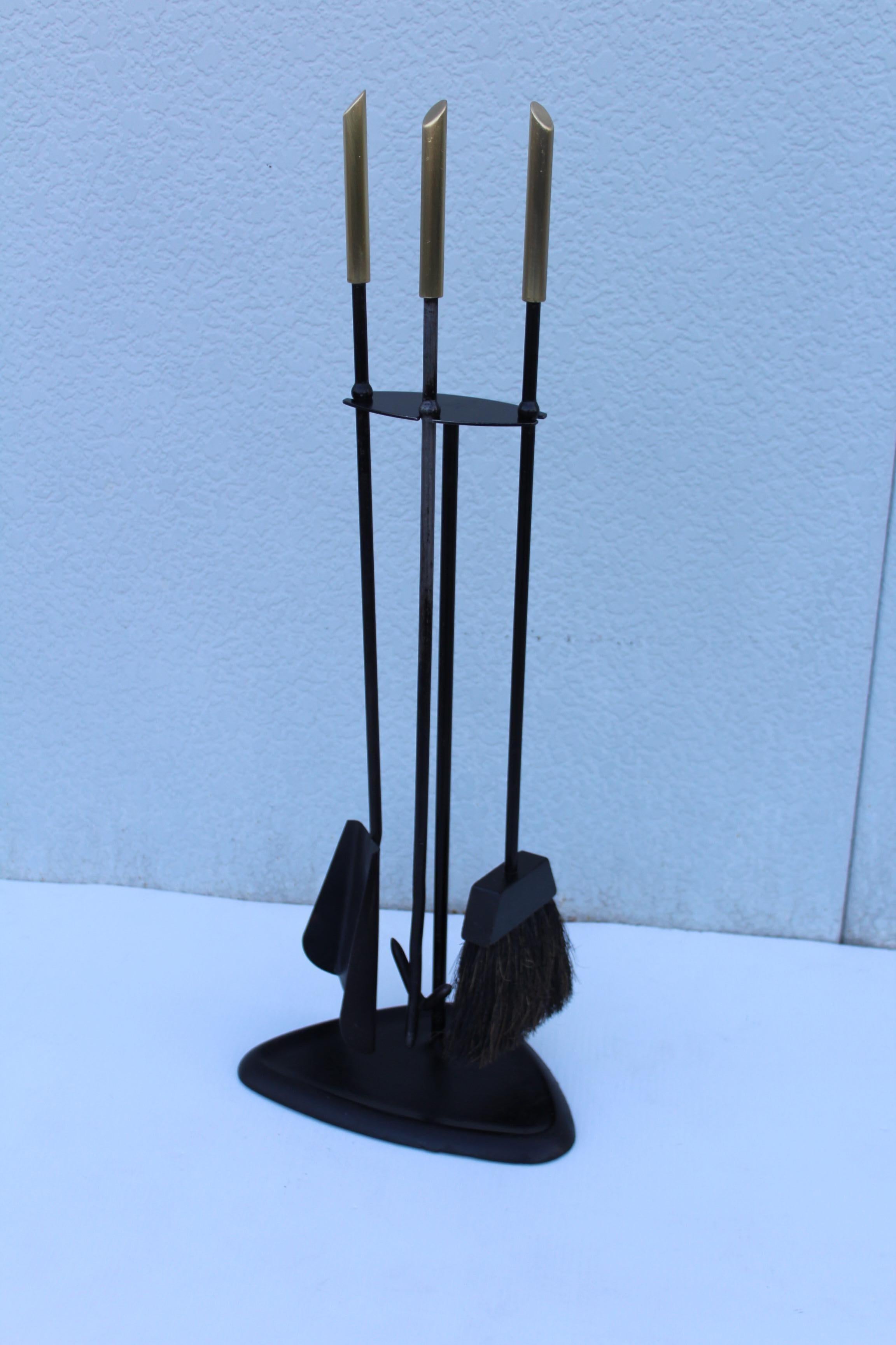 Mid-Century Modern 1960s Modernist Brass and Iron Fireplace Tools For Sale
