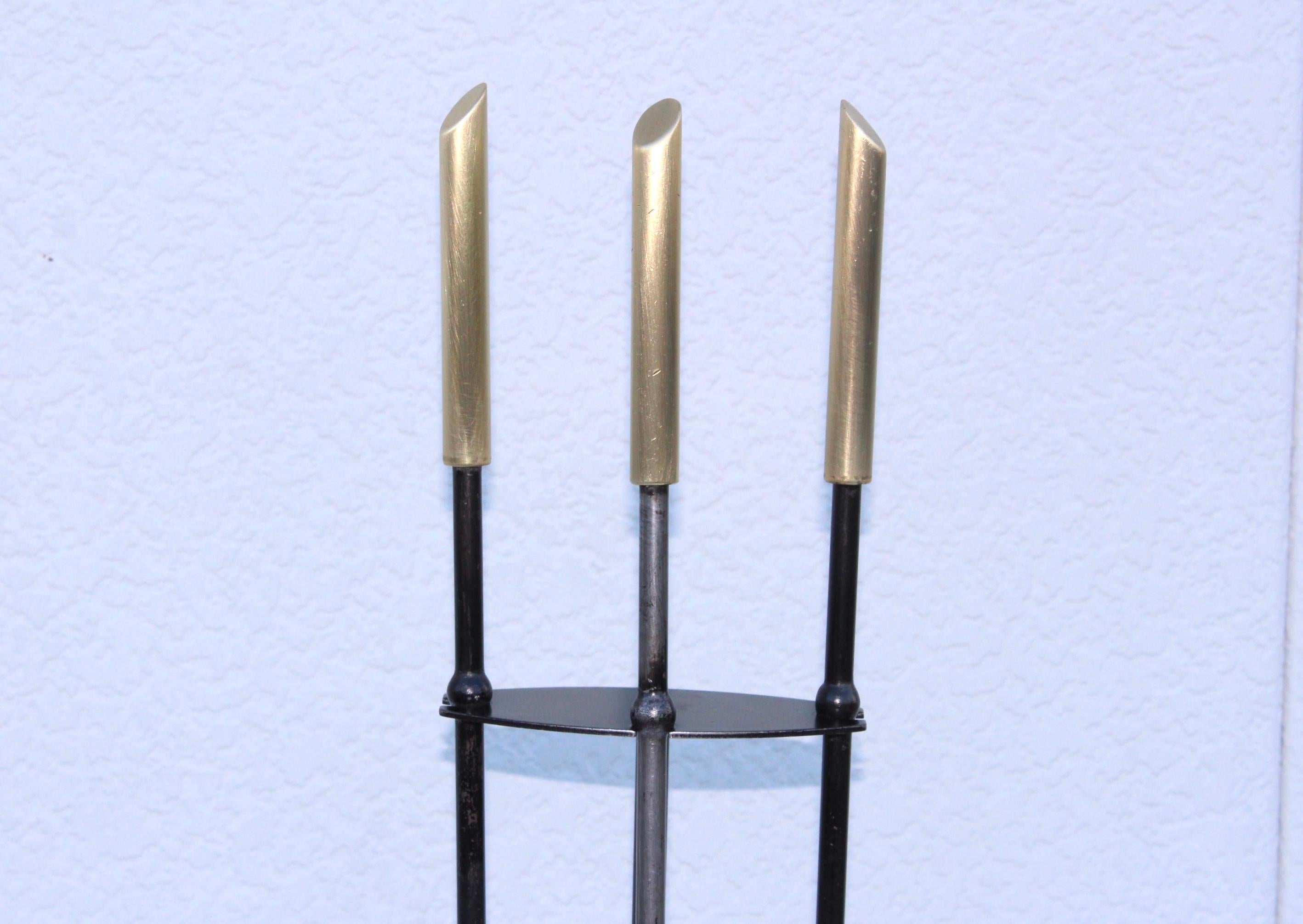 Mid-20th Century 1960s Modernist Brass and Iron Fireplace Tools For Sale