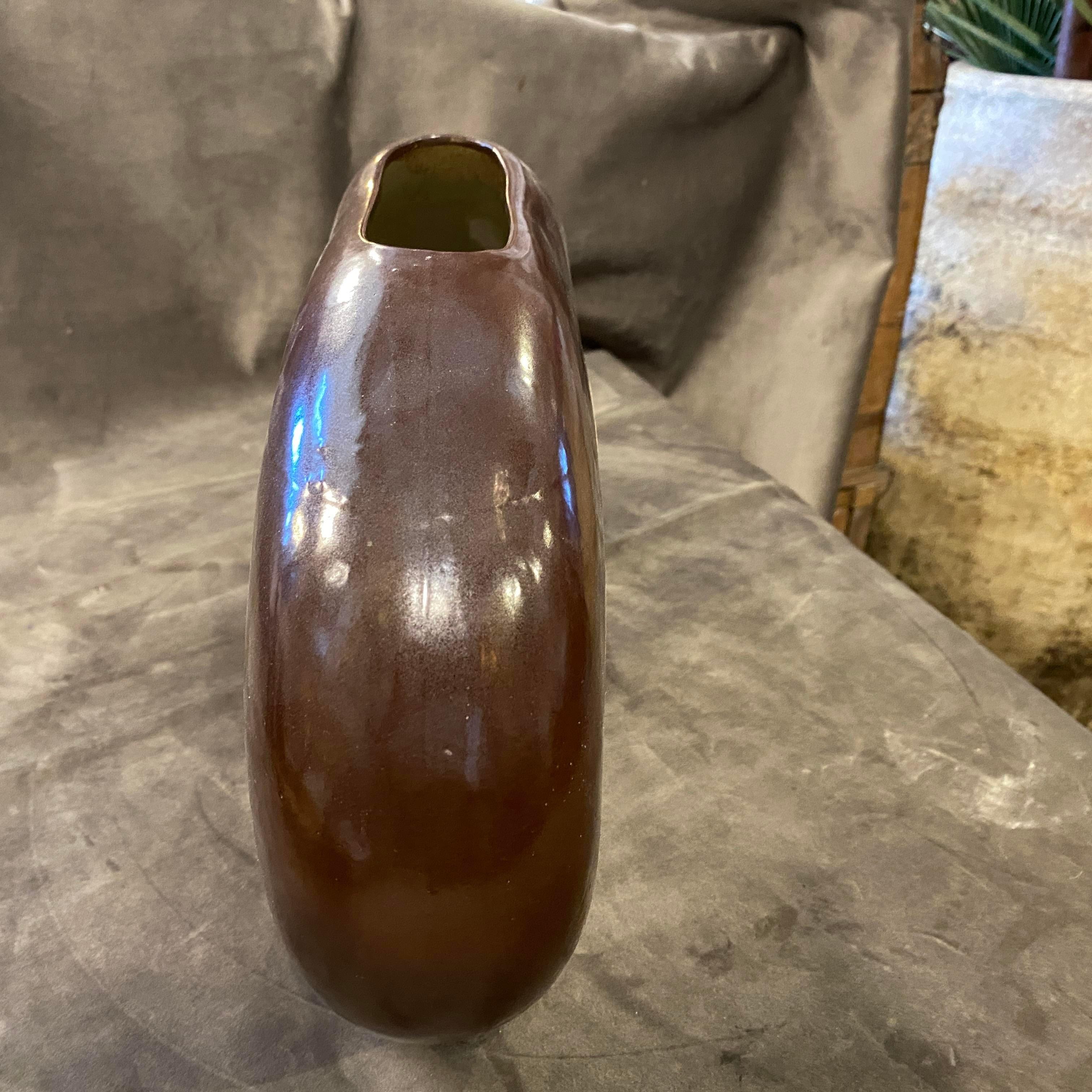 Organic Modern 1960s, Modernist Brown and Amber Ceramic Italian Vase