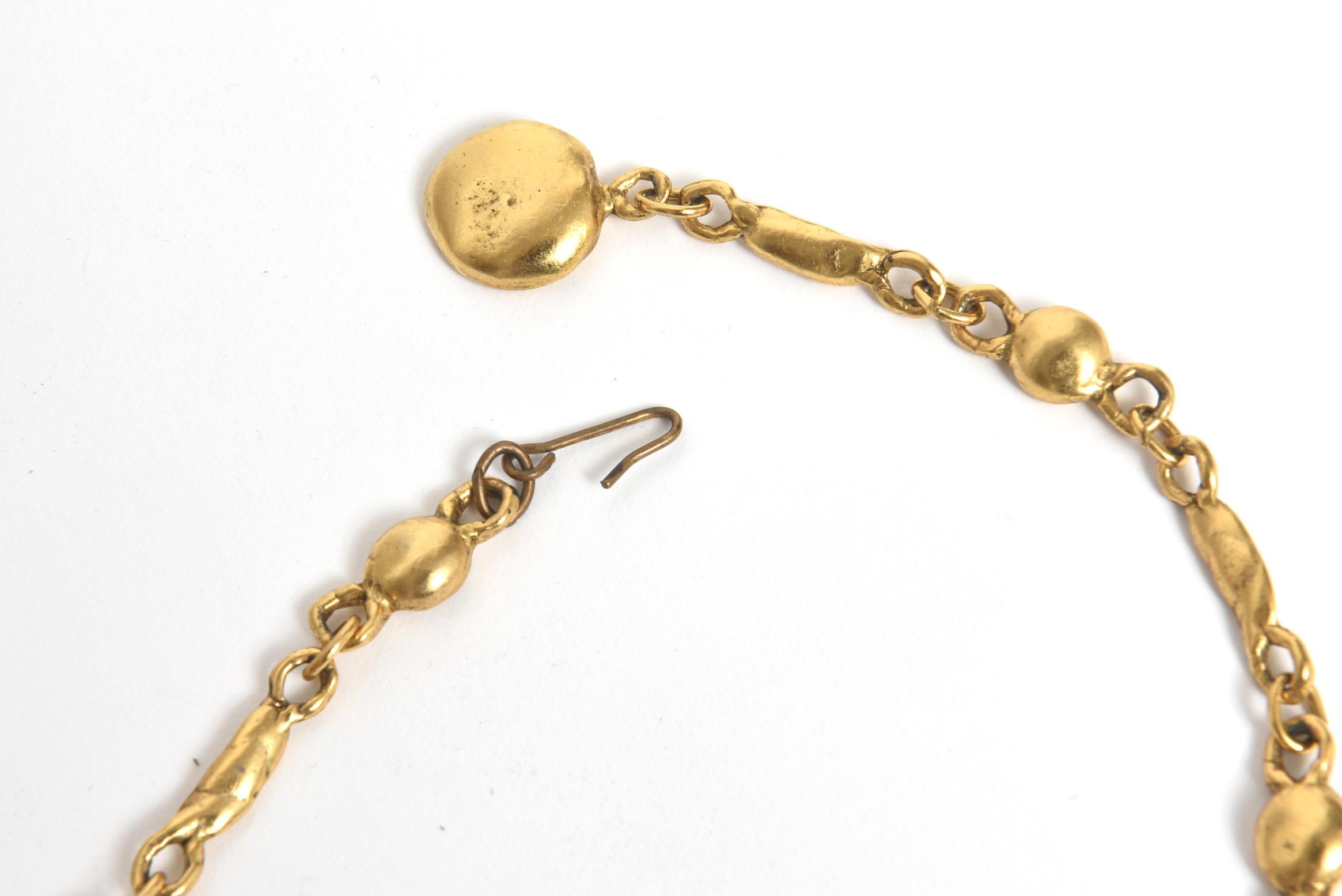 1960s Modernist Cleopatra Style Brutalist Evil Eye Drop Gold Statement Necklace For Sale 2