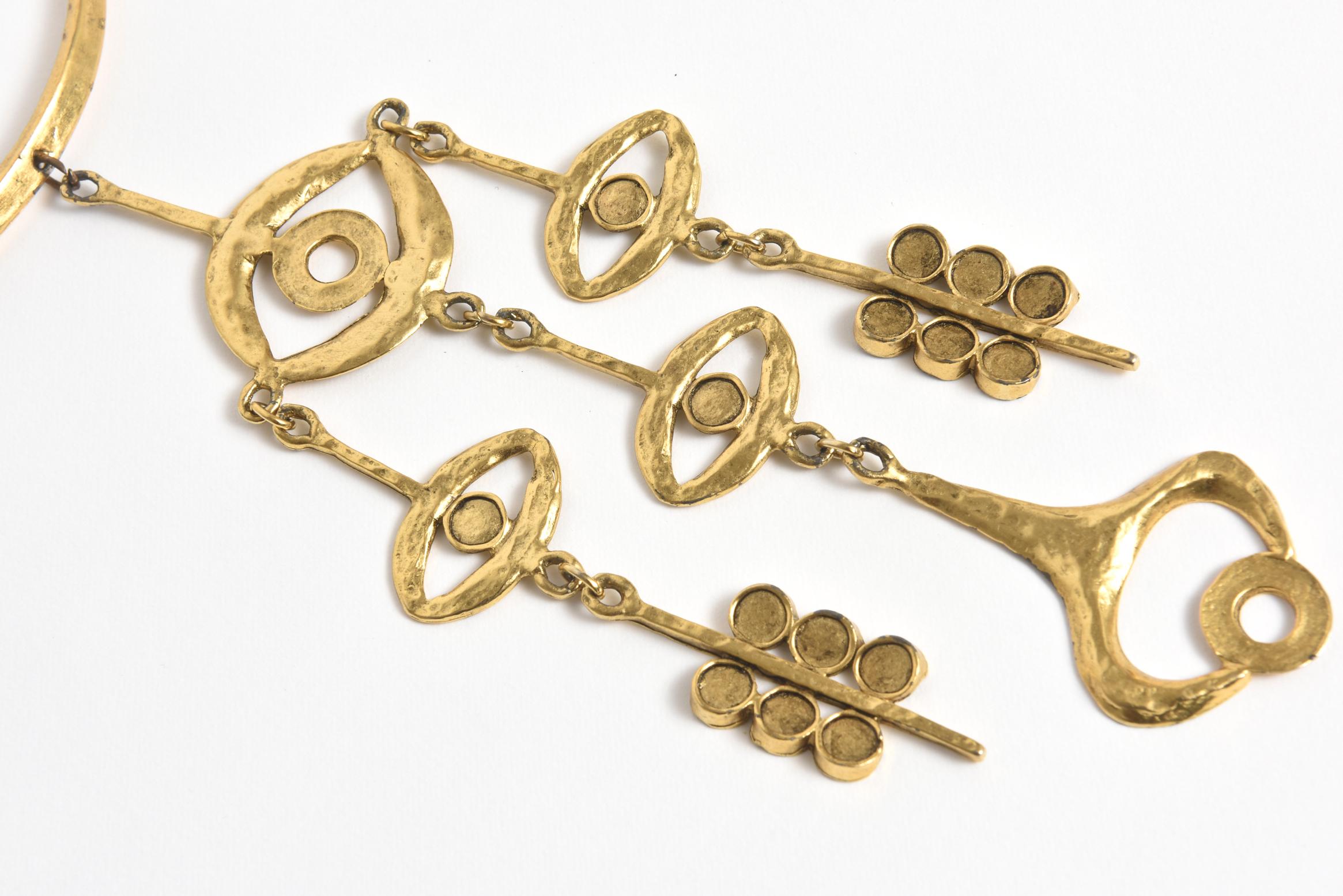 1960s Modernist Cleopatra Style Brutalist Evil Eye Drop Gold Statement Necklace 2