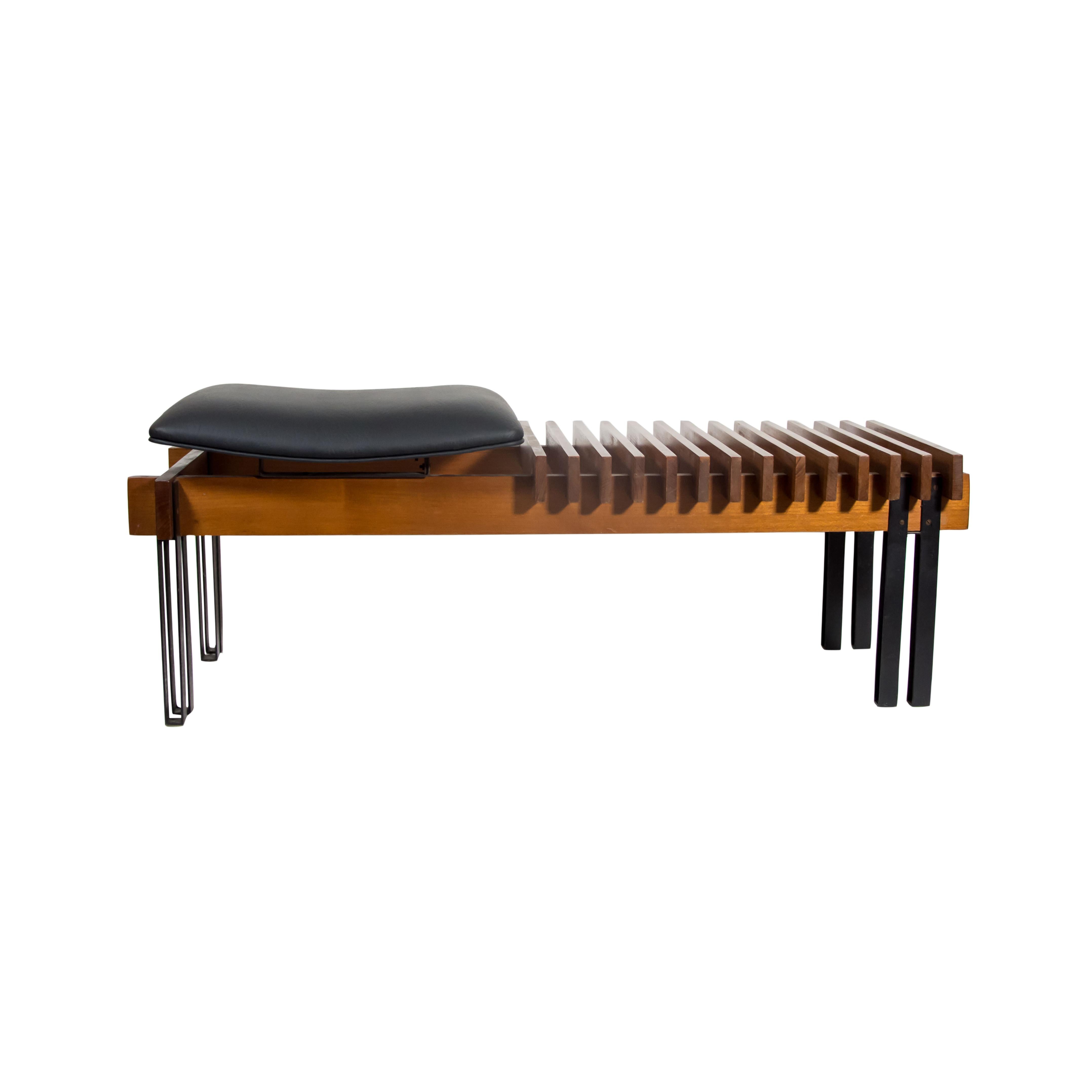 Mid-Century Modern 1960s Modernist Dark Wood & Leather Bench Italian Design Inge and Luciano Rubino
