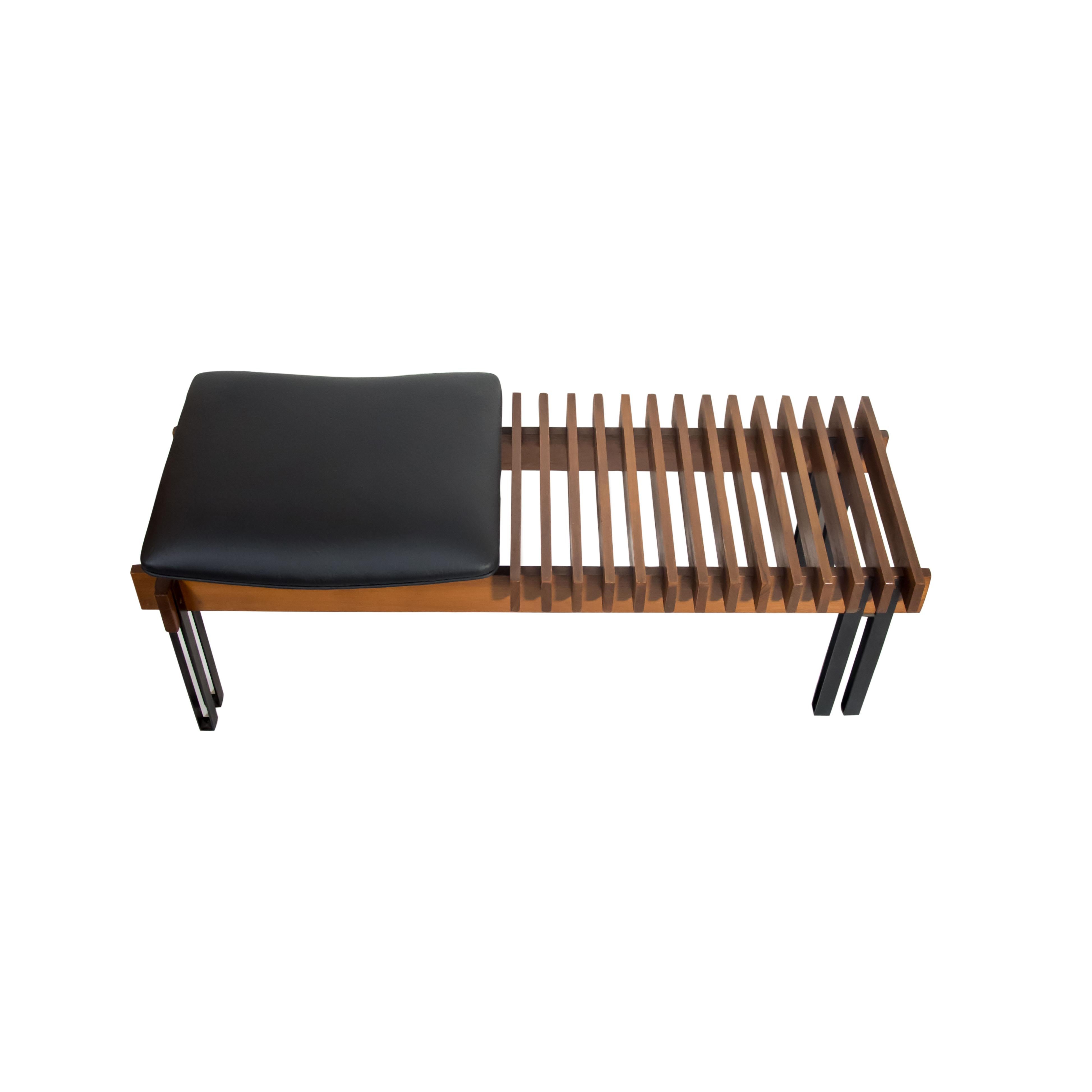 1960s Modernist Dark Wood & Leather Bench Italian Design Inge and Luciano Rubino 3