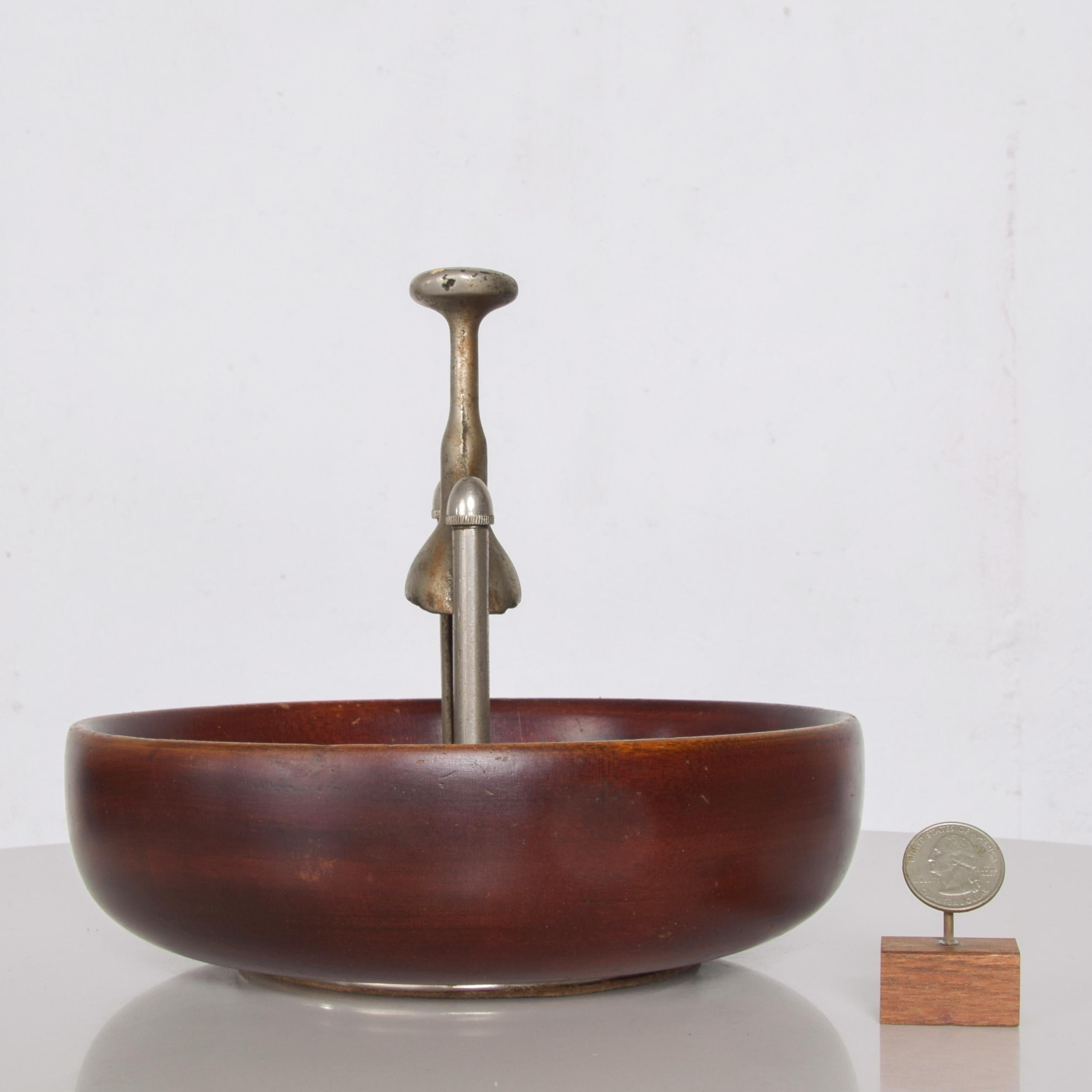 Mid-20th Century 1960s Modernist Patent Design Elegant Wood Nut Bowl with Built in Nutcracker USA