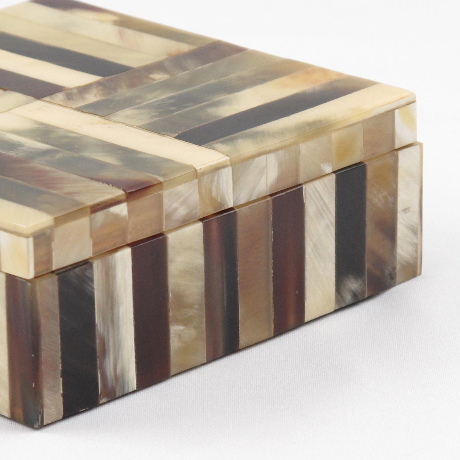 1960s Modernist Lidded Box Horn Marquetry Patchwork In Excellent Condition In Atlanta, GA