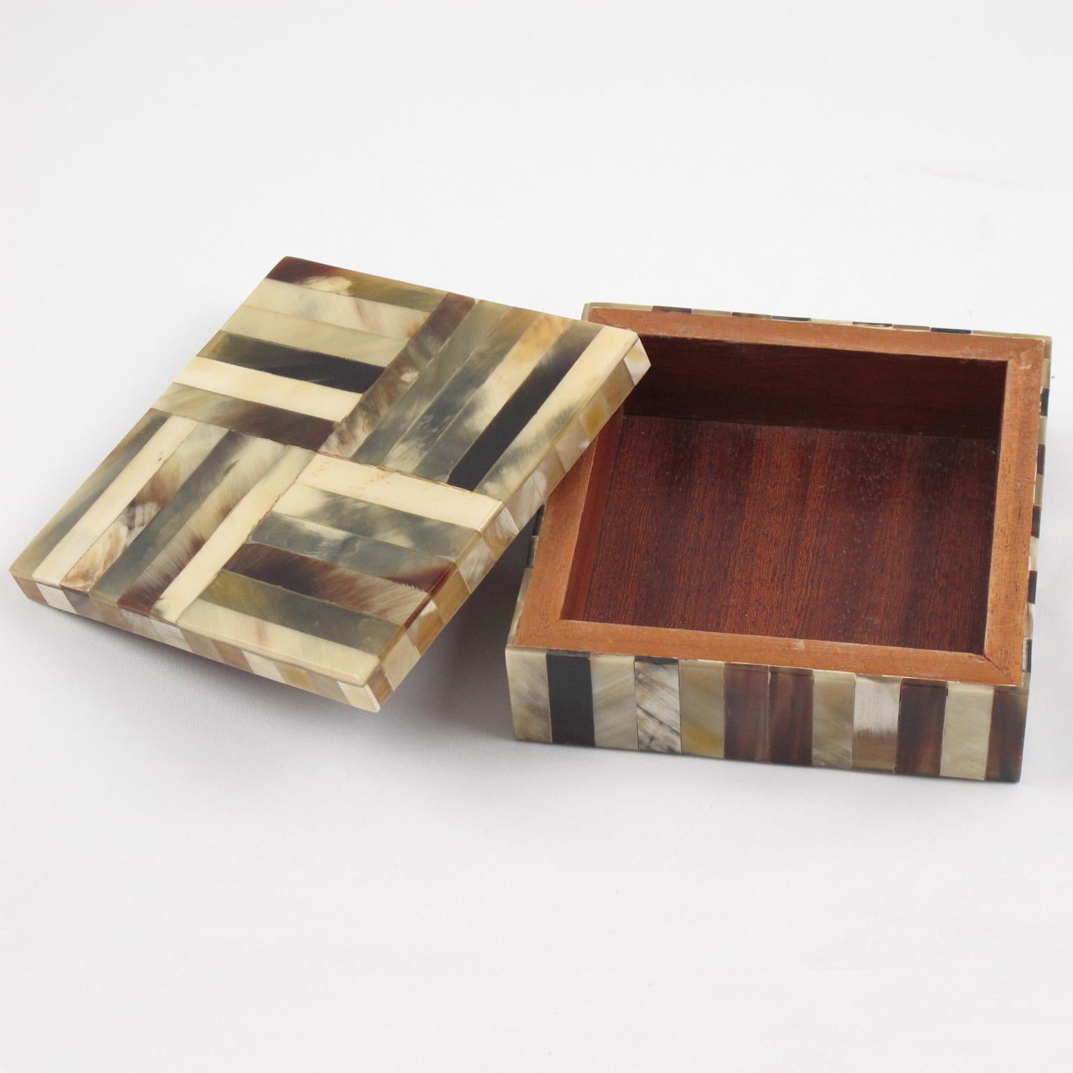 Mid-20th Century 1960s Modernist Lidded Box Horn Marquetry Patchwork