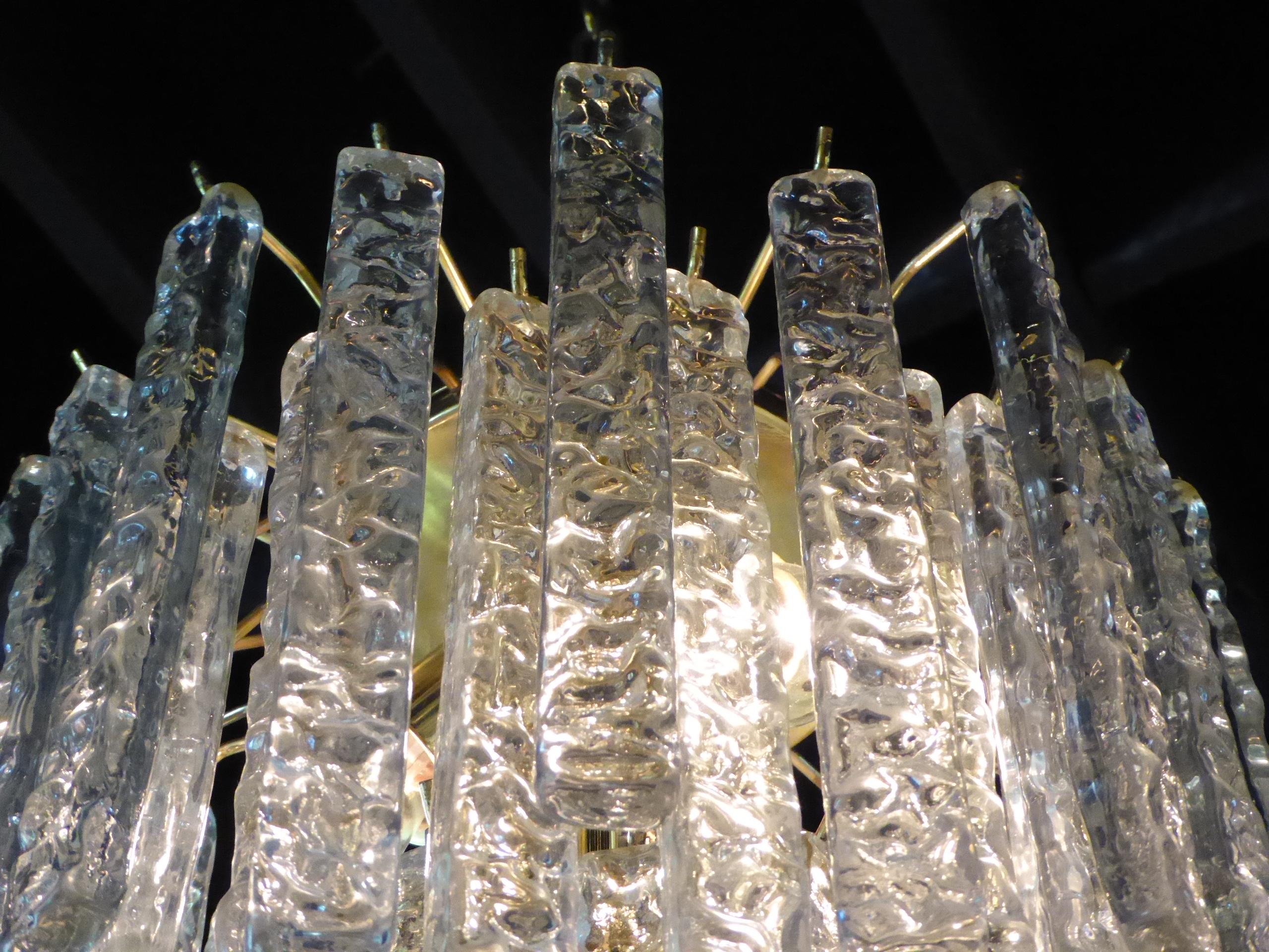 Brass 1960s Modernist Mazzega Murano Textured Crystal Chandelier