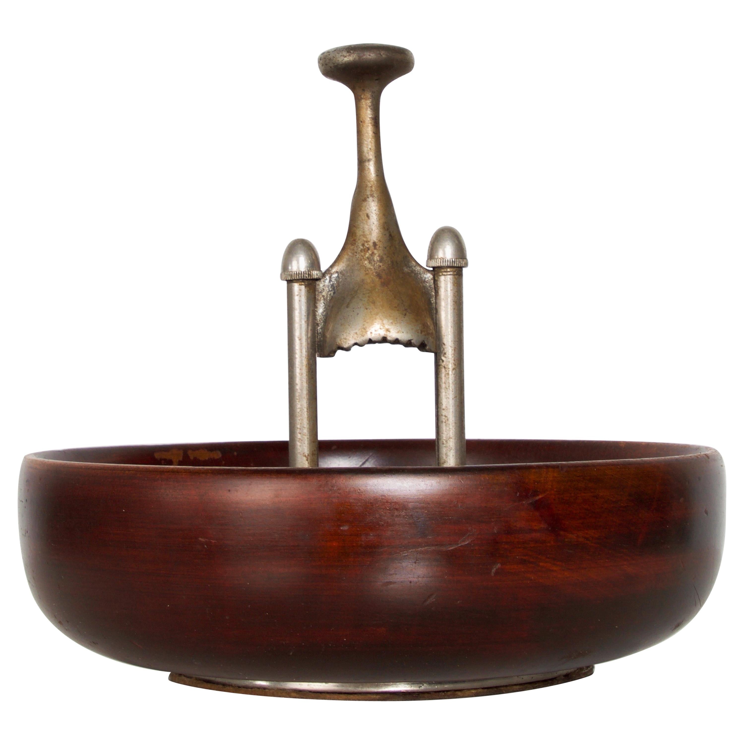 1960s Modernist Patent Design Elegant Wood Nut Bowl with Built in Nutcracker USA