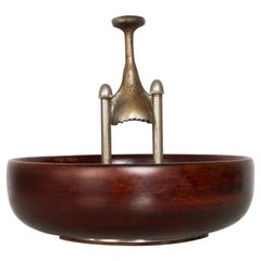 Retro 1960s Modernist Patent Design Elegant Wood Nut Bowl with Built in Nutcracker USA