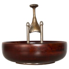 Vintage 1960s Modernist Patent Design Elegant Wood Nut Bowl with Built in Nutcracker USA