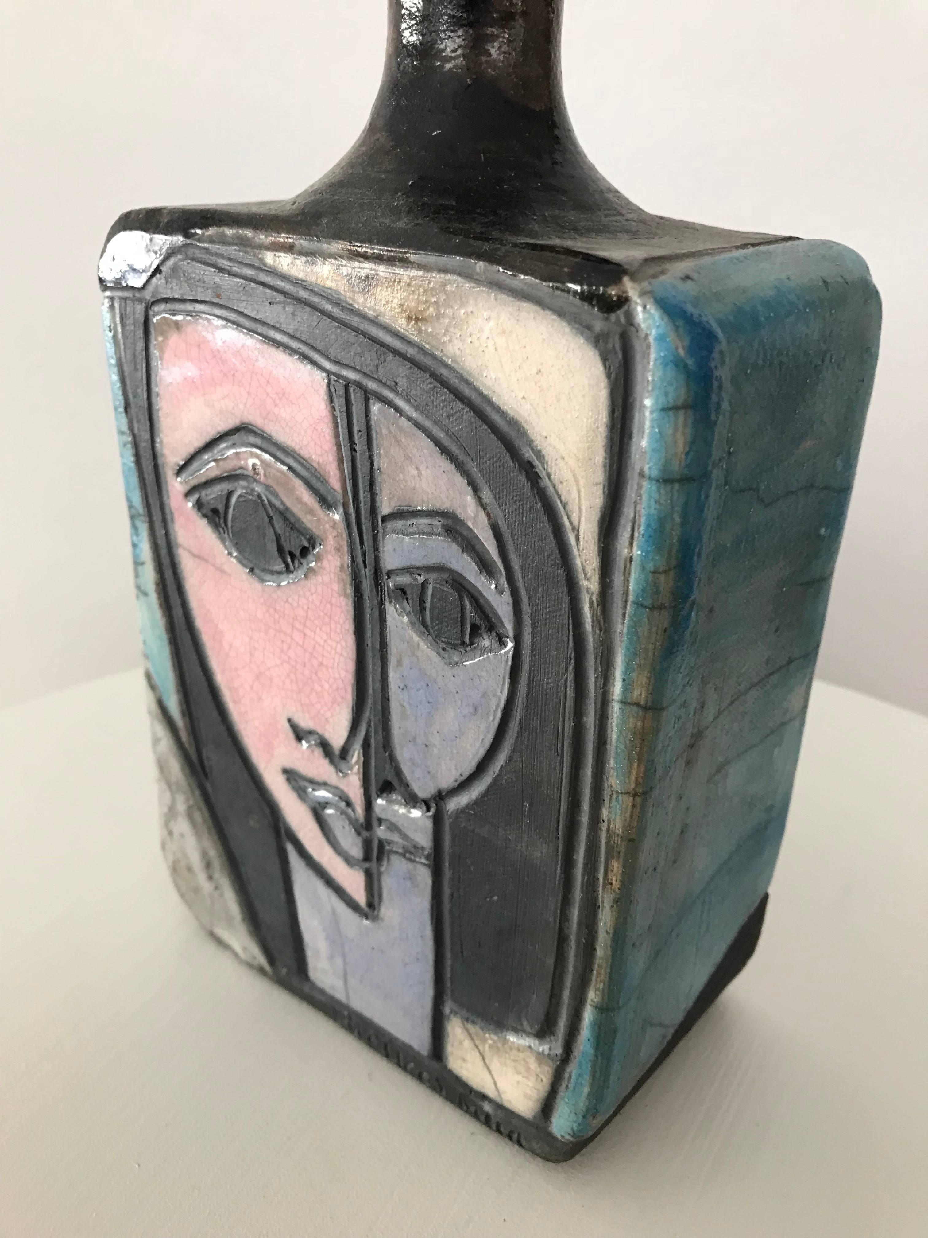 1960s Modernist Cubist Raku Vase or Bottle by Artist Linda Mielke 7
