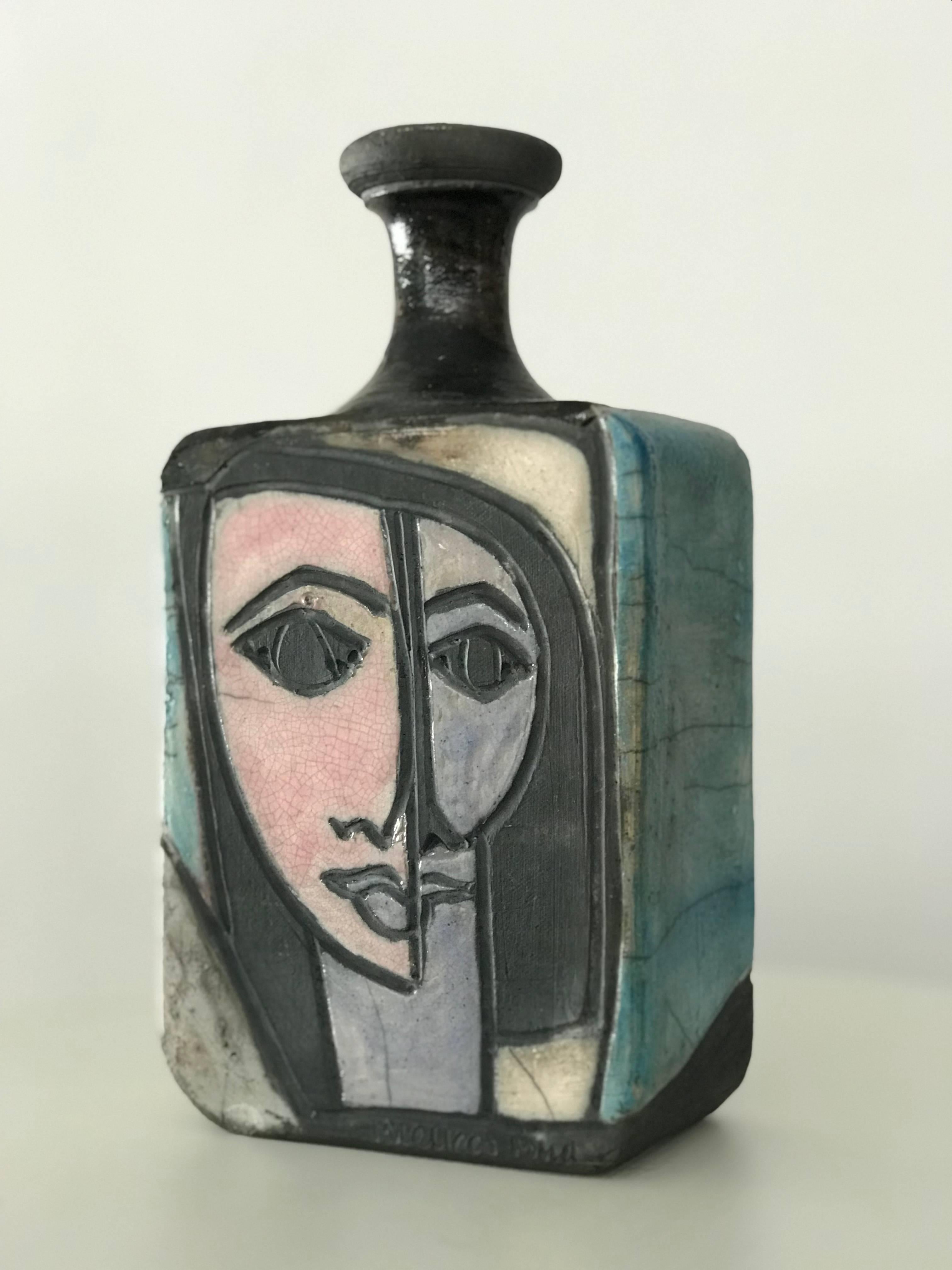 1960s Modernist Cubist Raku Vase or Bottle by Artist Linda Mielke 9