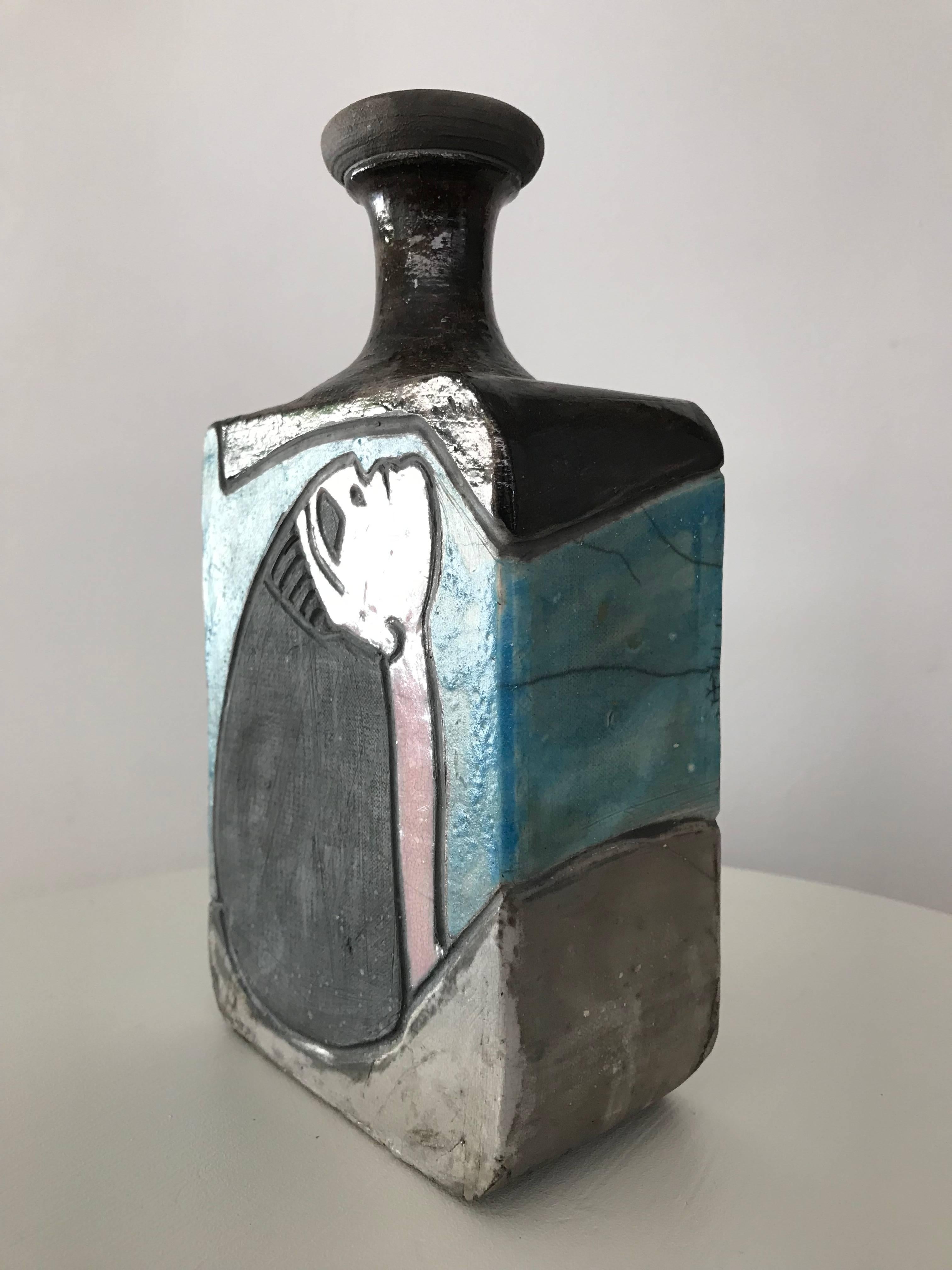 Mid-Century Modern 1960s Modernist Cubist Raku Vase or Bottle by Artist Linda Mielke