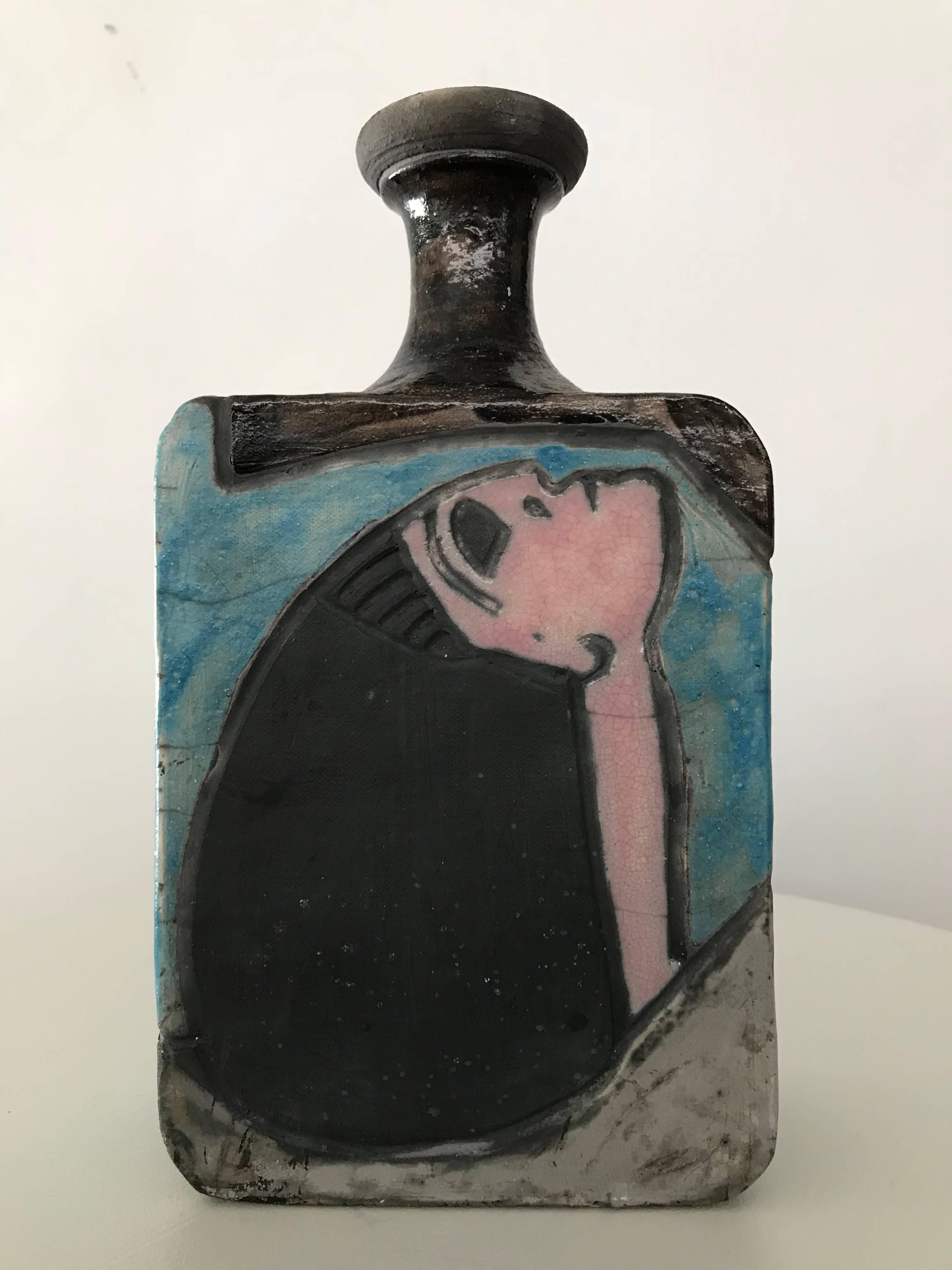 American 1960s Modernist Cubist Raku Vase or Bottle by Artist Linda Mielke