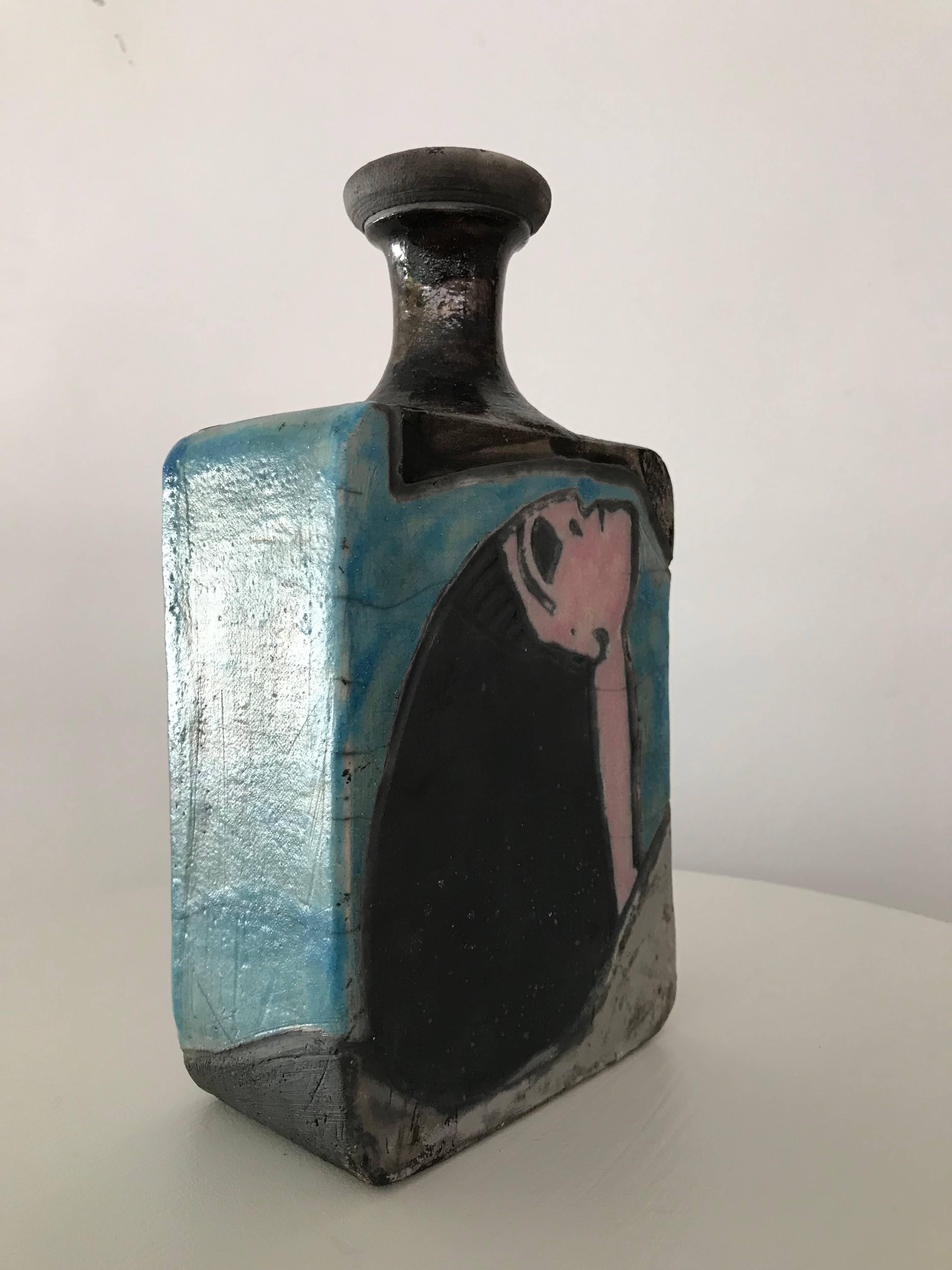 1960s Modernist Cubist Raku Vase or Bottle by Artist Linda Mielke In Good Condition In Southampton, NJ