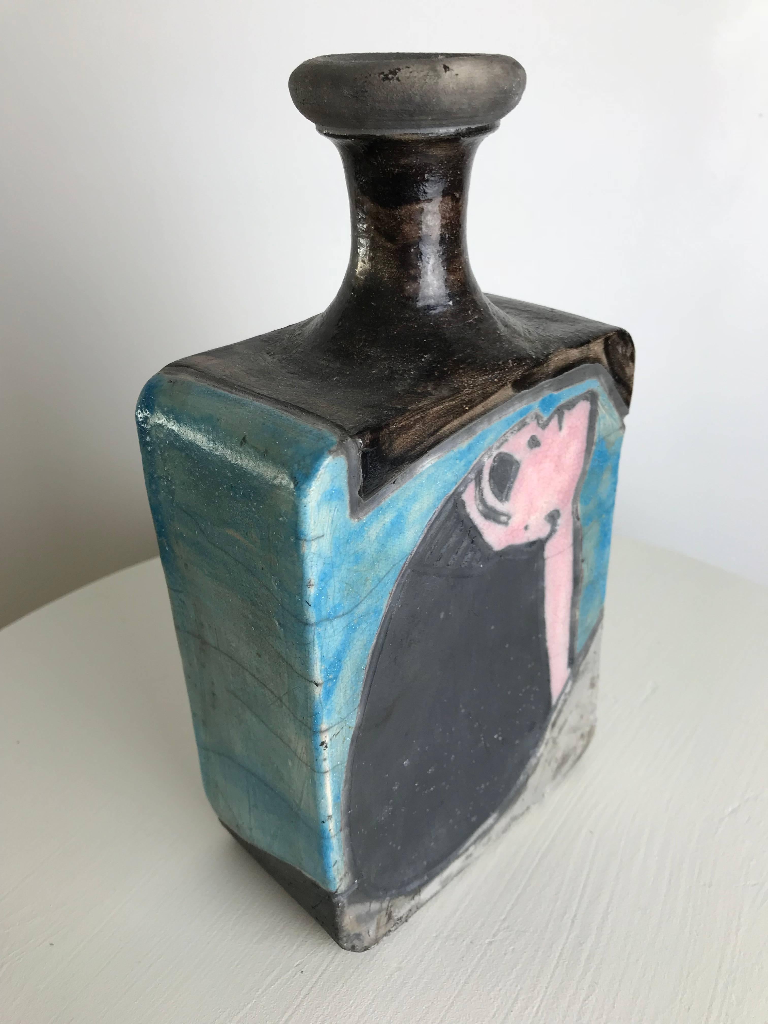 Mid-20th Century 1960s Modernist Cubist Raku Vase or Bottle by Artist Linda Mielke