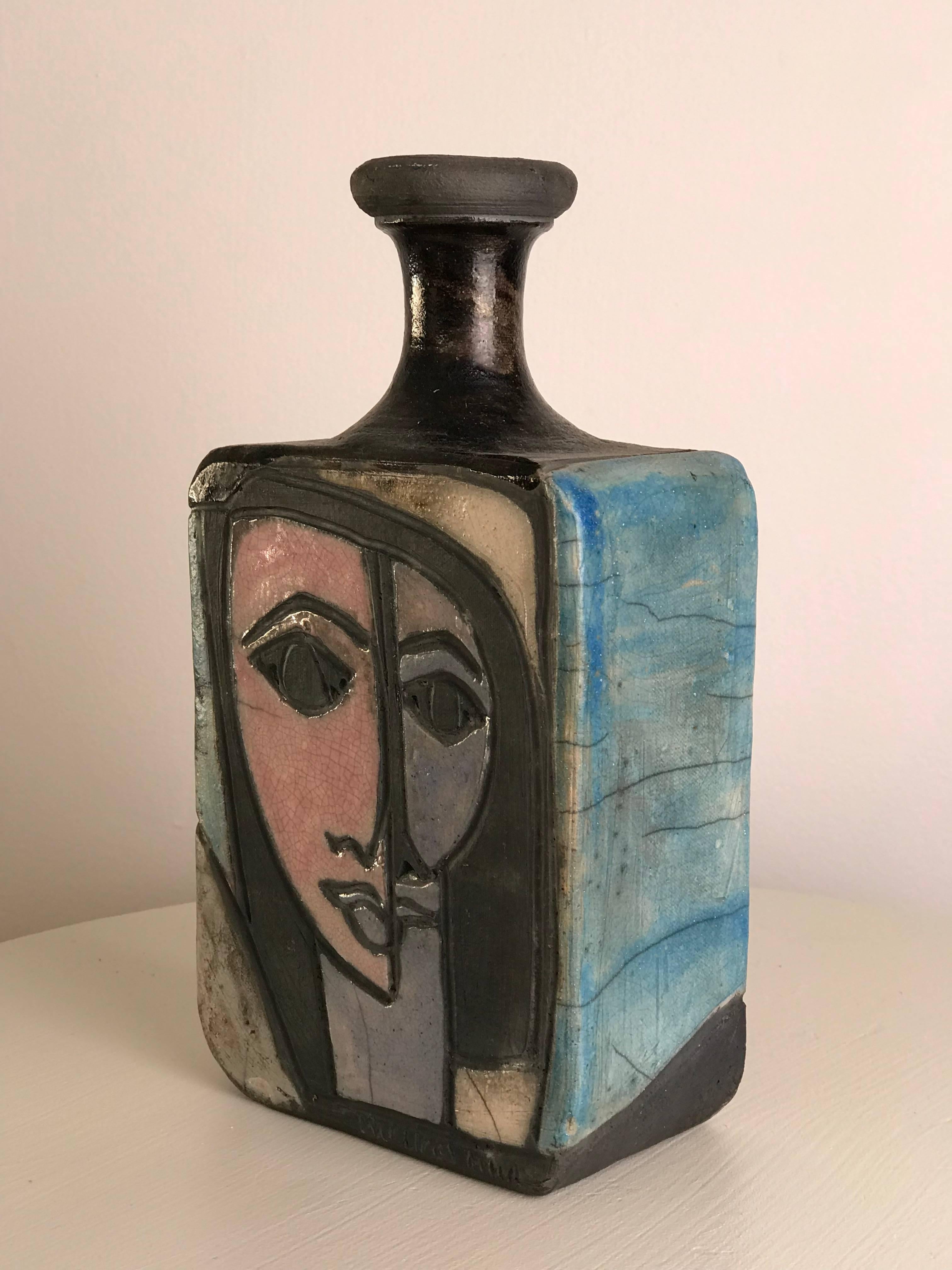 1960s Modernist Cubist Raku Vase or Bottle by Artist Linda Mielke 1