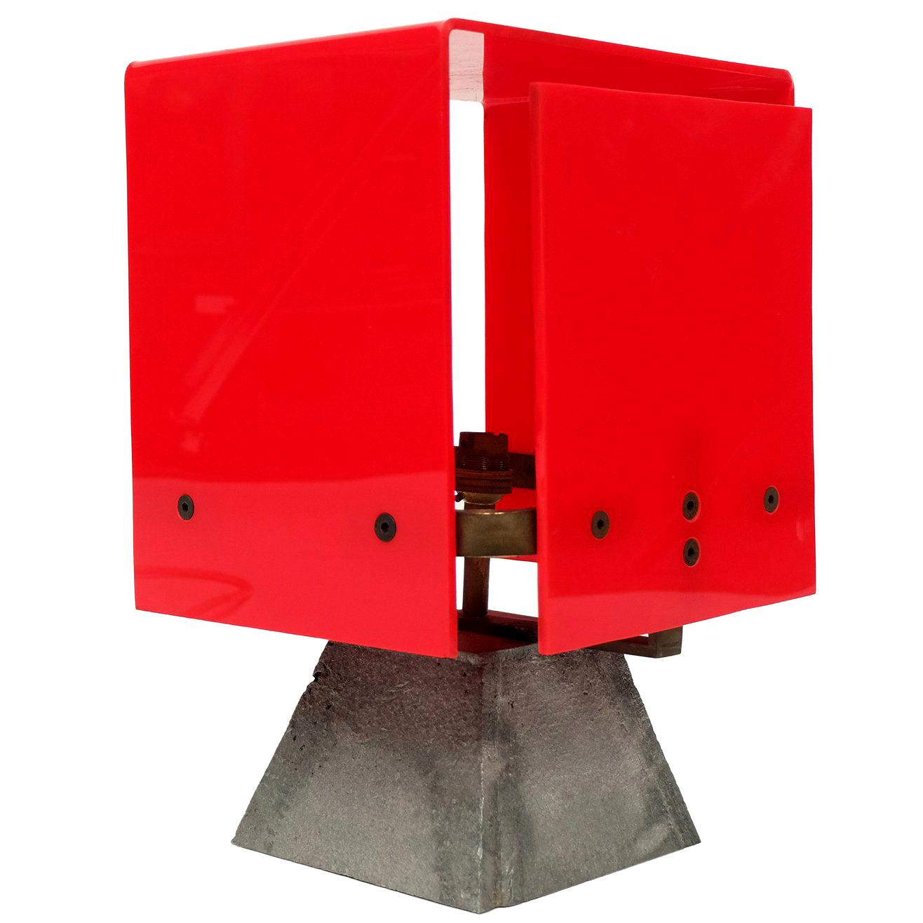 1960s Modernist Red Acrylic Brass Table Lamp Industrial Unusual For Sale
