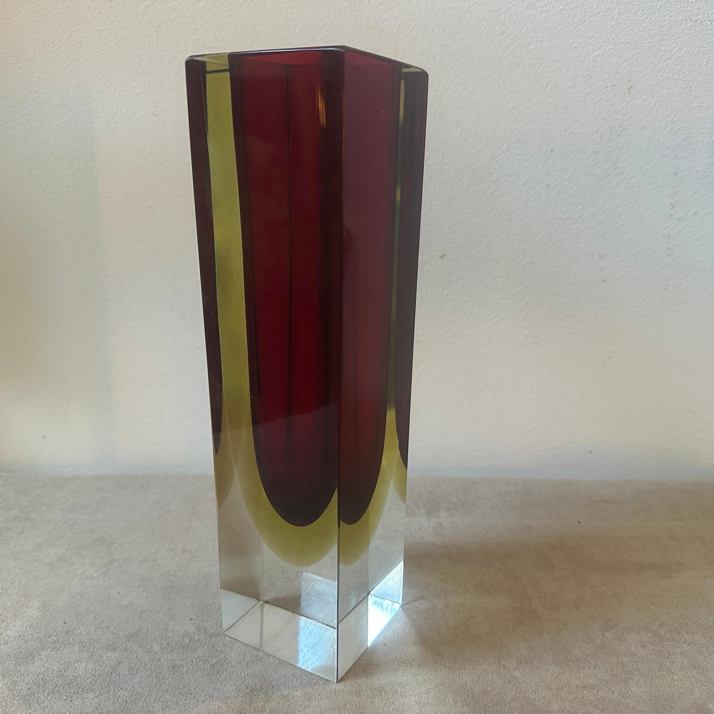 Italian 1960s, Modernist Red and Yellow Sommerso Murano Glass Square Vase by Seguso For Sale