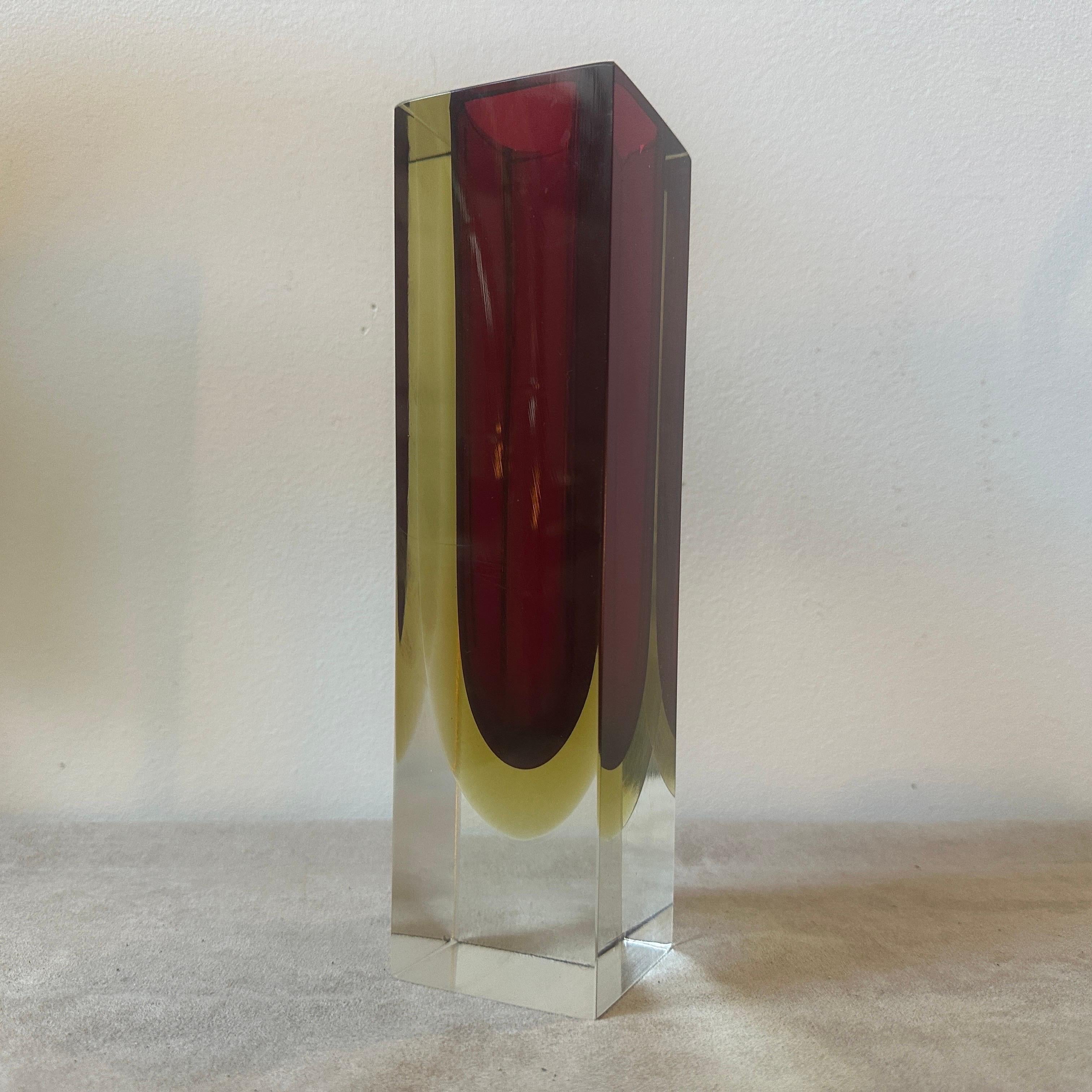 20th Century 1960s, Modernist Red and Yellow Sommerso Murano Glass Square Vase by Seguso For Sale