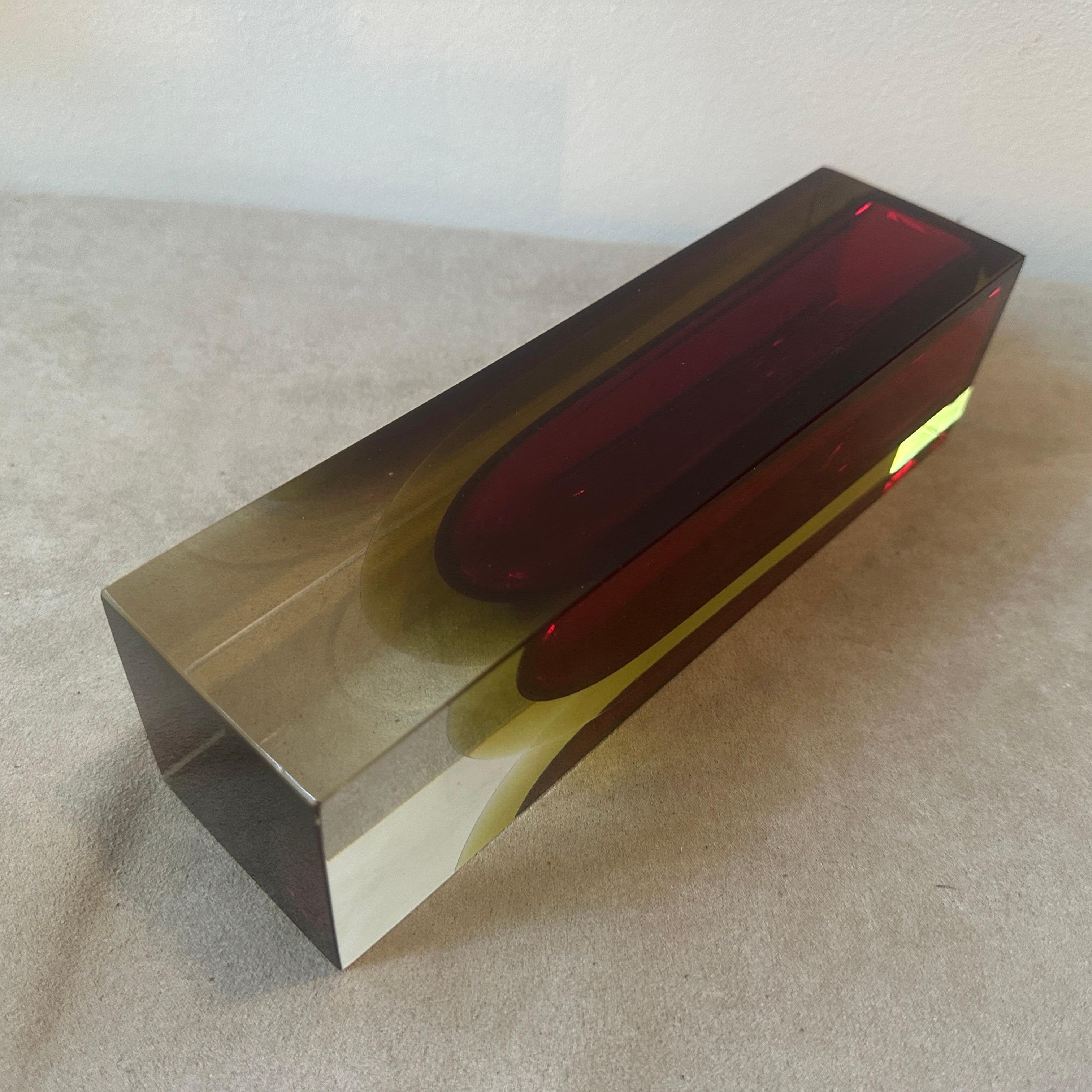1960s, Modernist Red and Yellow Sommerso Murano Glass Square Vase by Seguso For Sale 4