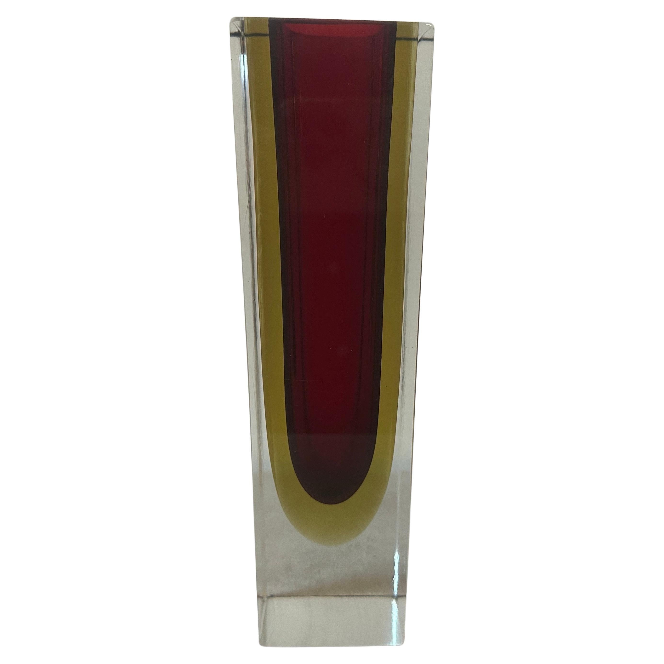 Italian 1960s, Modernist Red and Yellow Sommerso Murano Glass Square Vase by Seguso