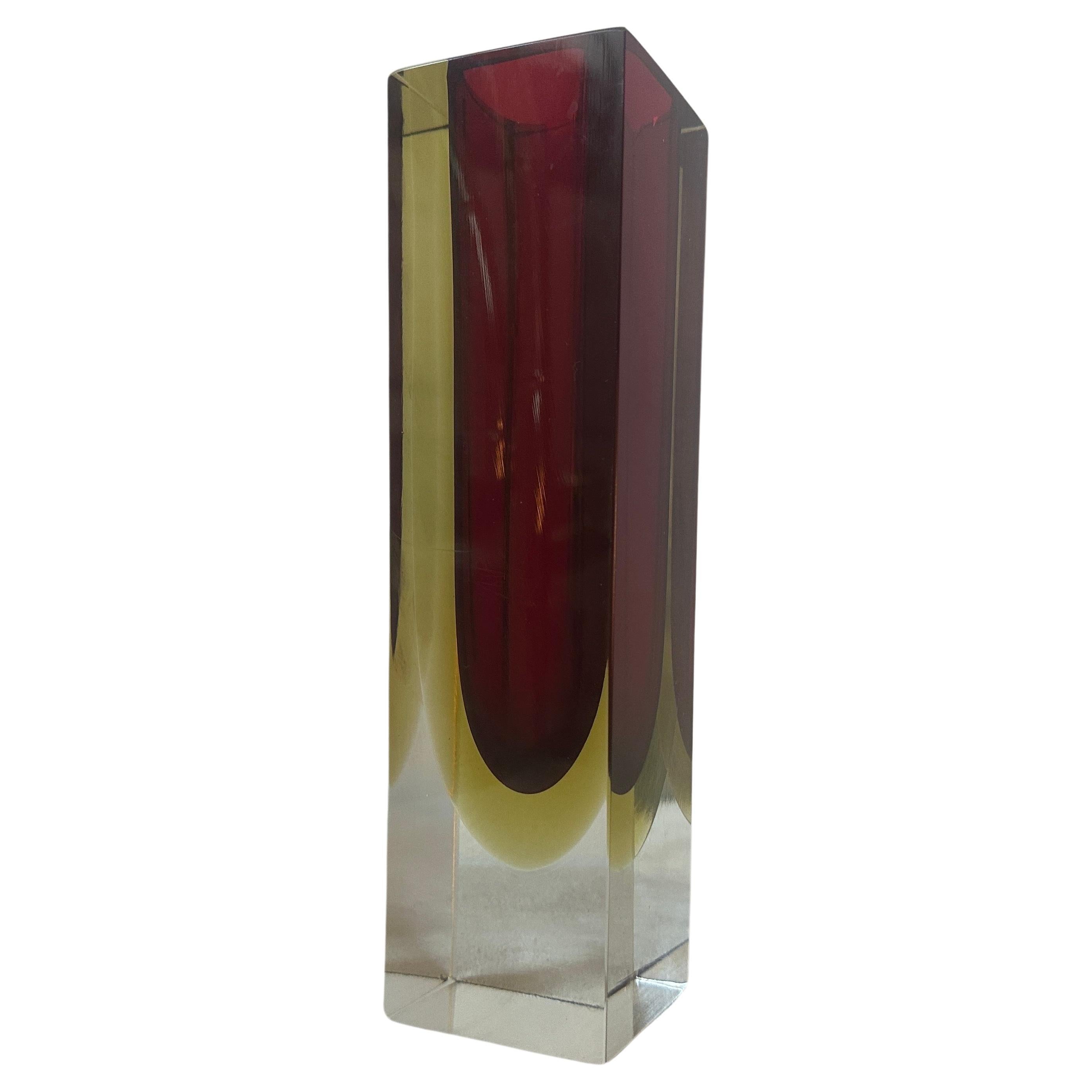 1960s, Modernist Red and Yellow Sommerso Murano Glass Square Vase by Seguso