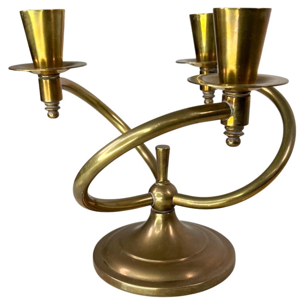 1960s Modernist Sculptural Brass Curve Three Arm Candle Holder Candelabra