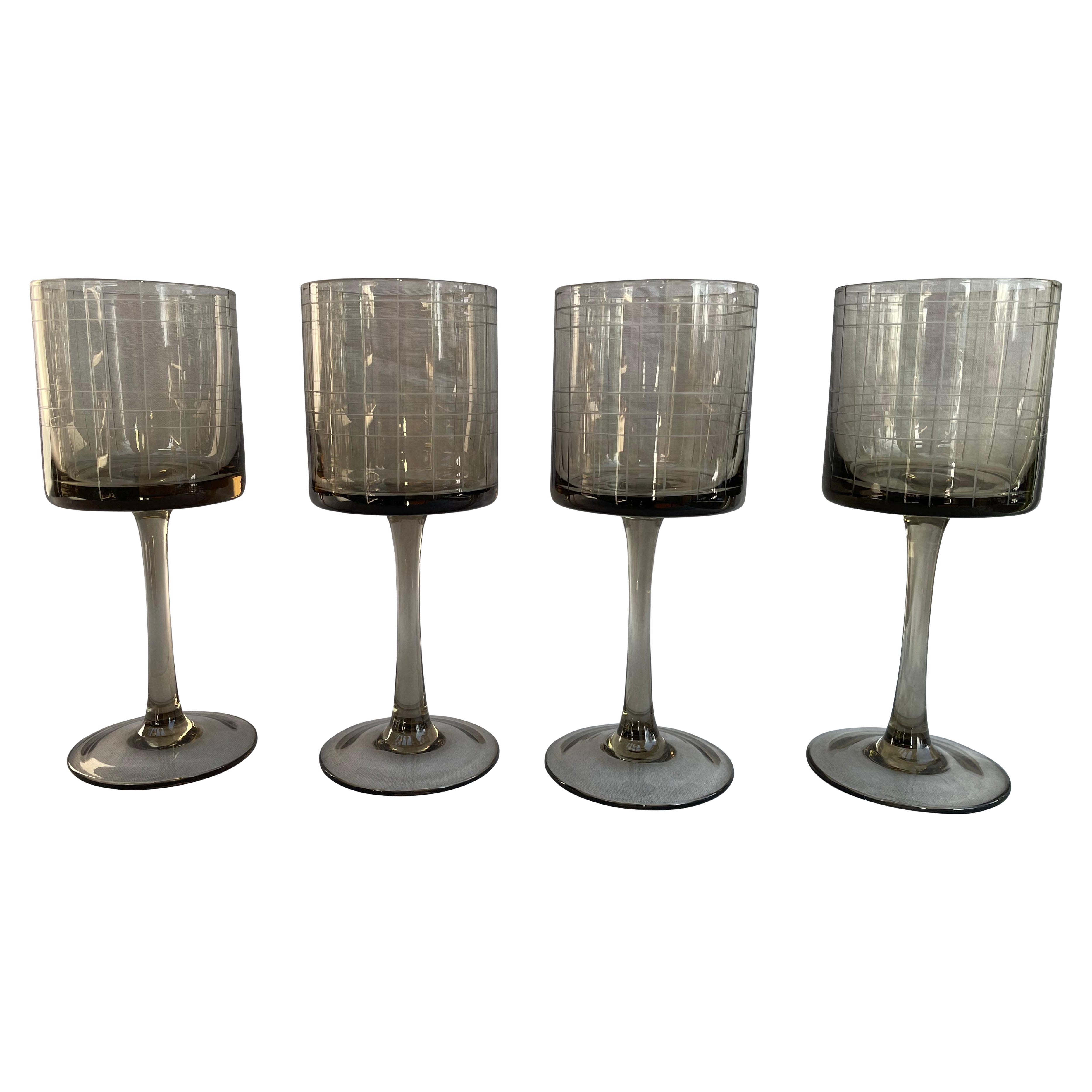 1960s Modernist Smoked Grid Wine Glasses - Set of Four For Sale