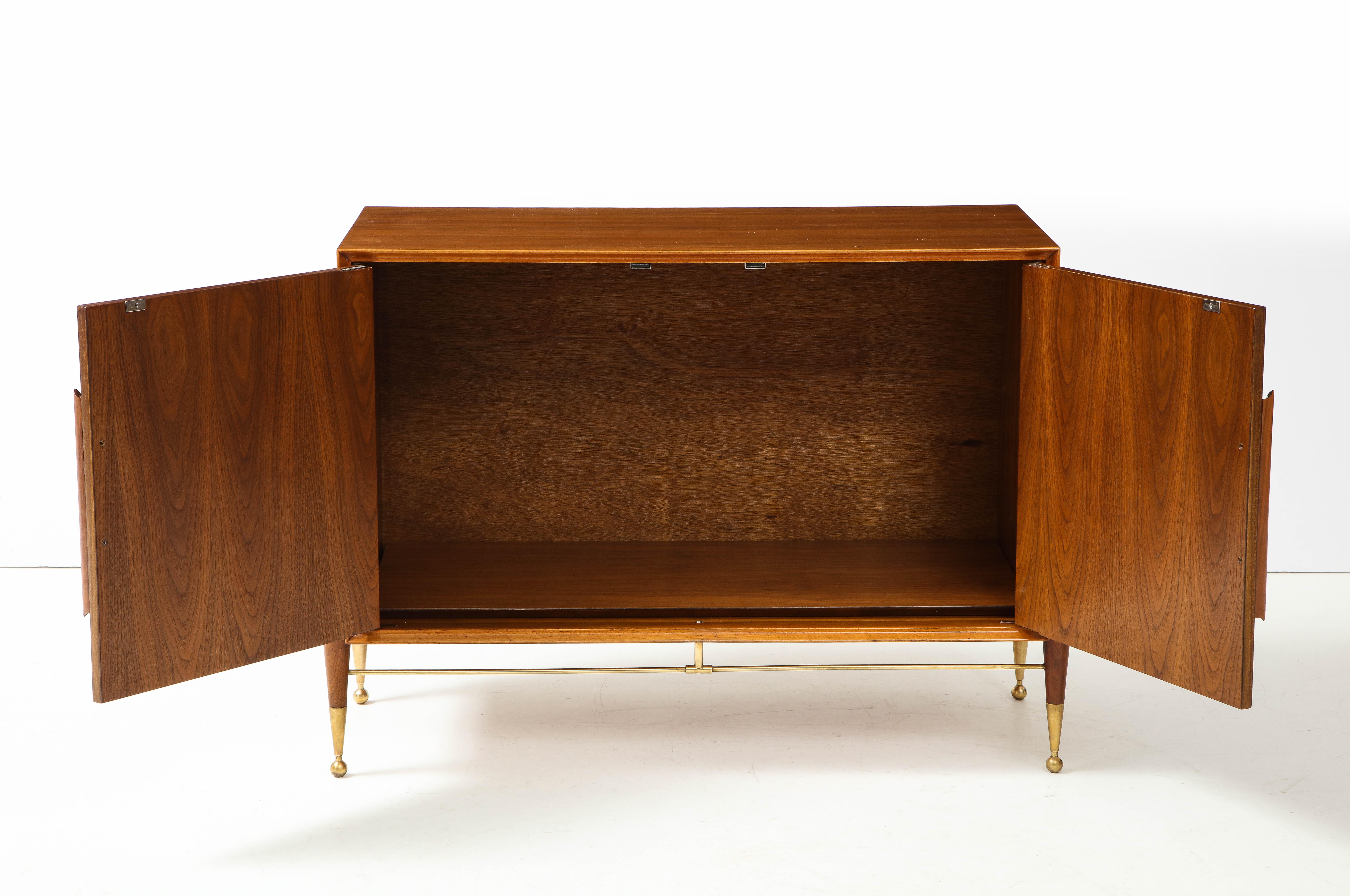 1960's Modernist Walnut And Brass 2 Door Cabinet In Good Condition In New York, NY