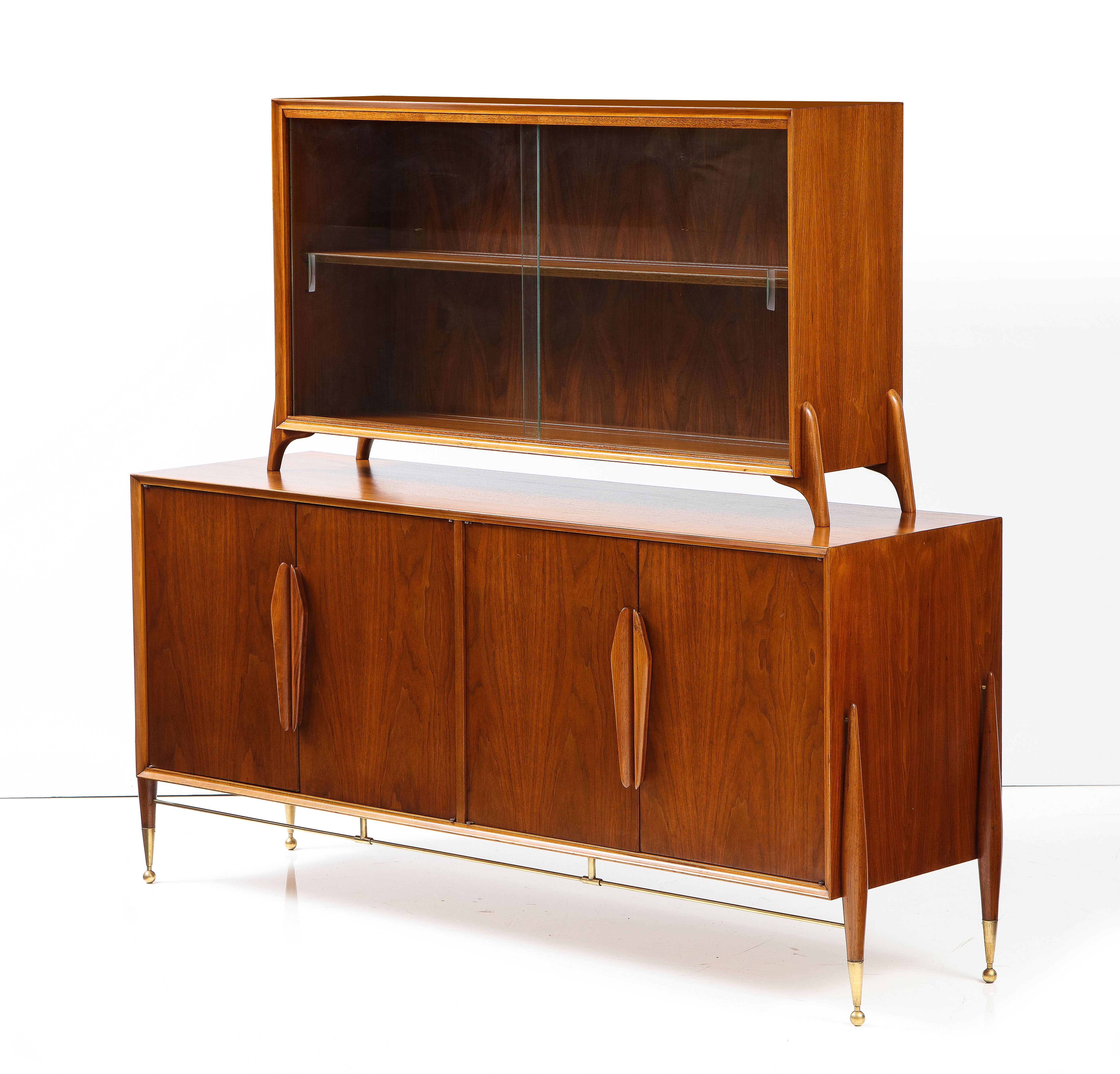 1960's Modernist Walnut And Brass Hutch