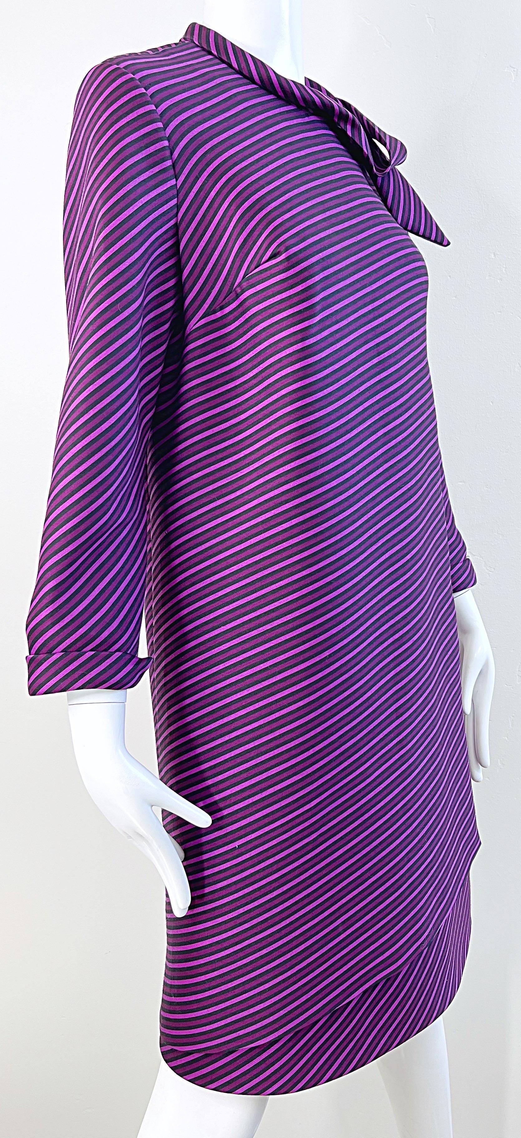 1960s Moe Nathan New York Purple Striped Silk Long Sleeve Vintage 60s Dress For Sale 4