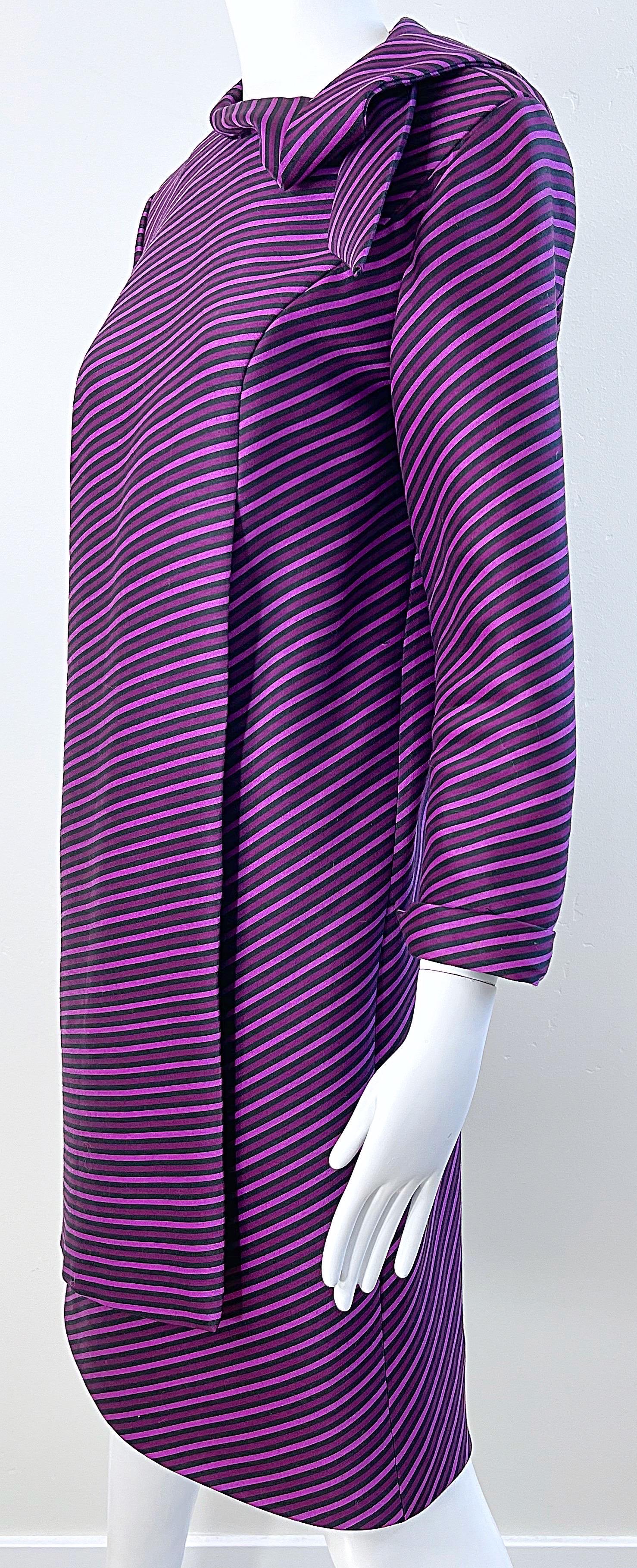 1960s Moe Nathan New York Purple Striped Silk Long Sleeve Vintage 60s Dress For Sale 5