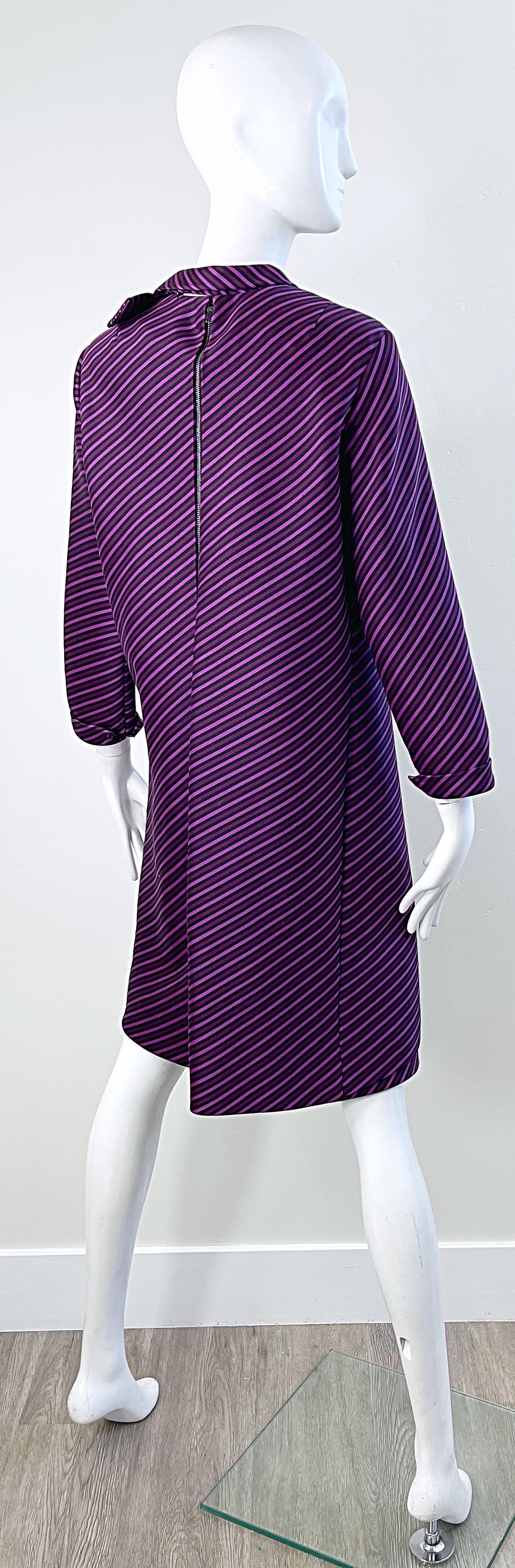 1960s Moe Nathan New York Purple Striped Silk Long Sleeve Vintage 60s Dress For Sale 6