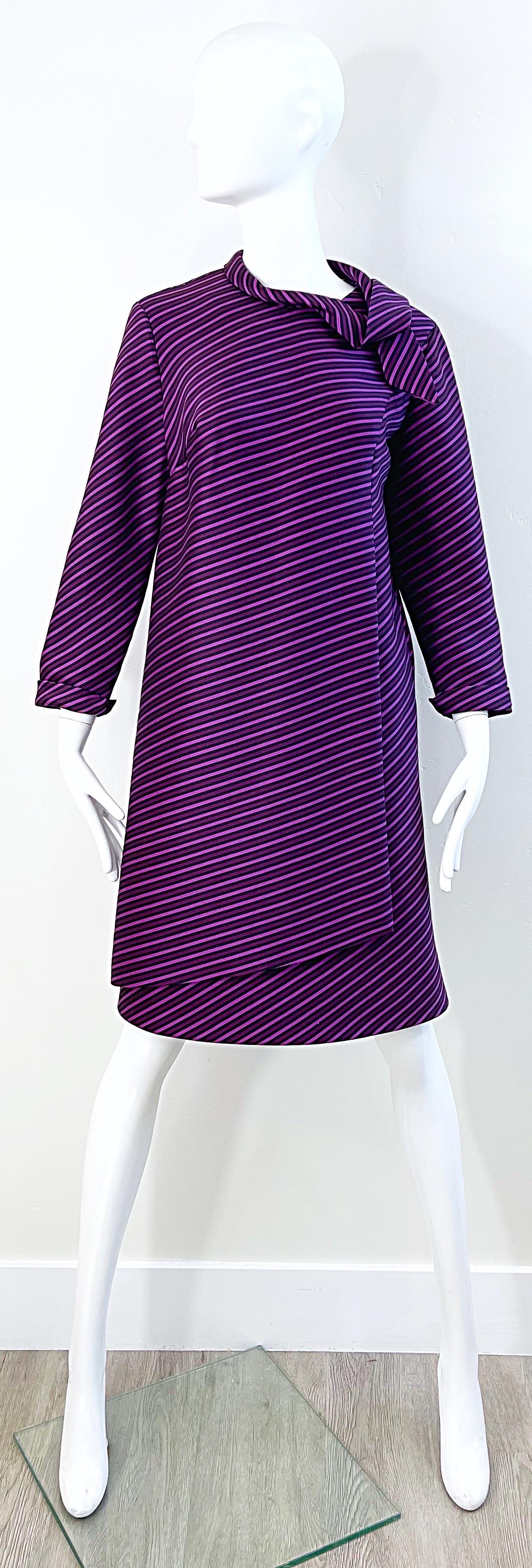 1960s Moe Nathan New York Purple Striped Silk Long Sleeve Vintage 60s Dress For Sale 7