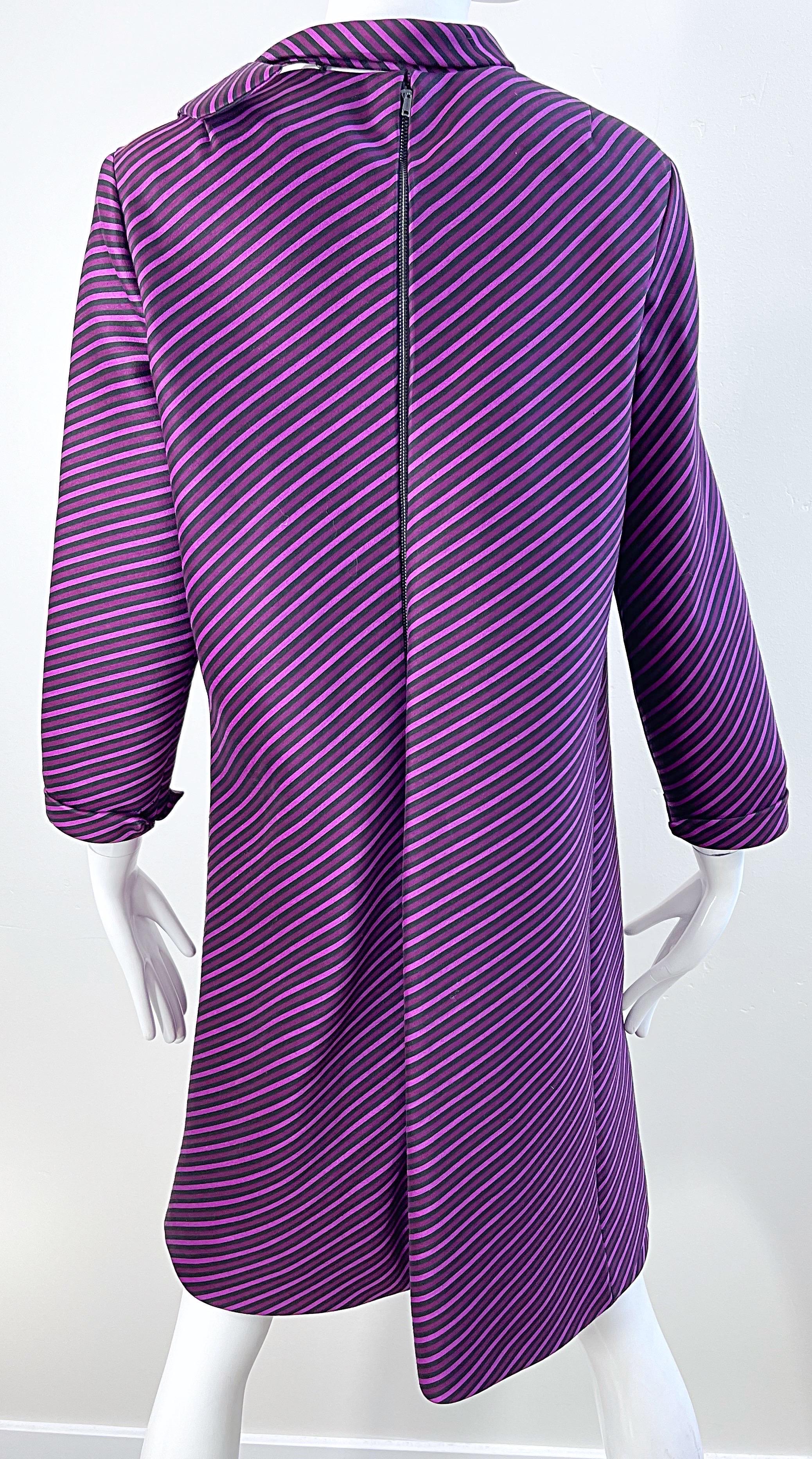 Women's 1960s Moe Nathan New York Purple Striped Silk Long Sleeve Vintage 60s Dress For Sale