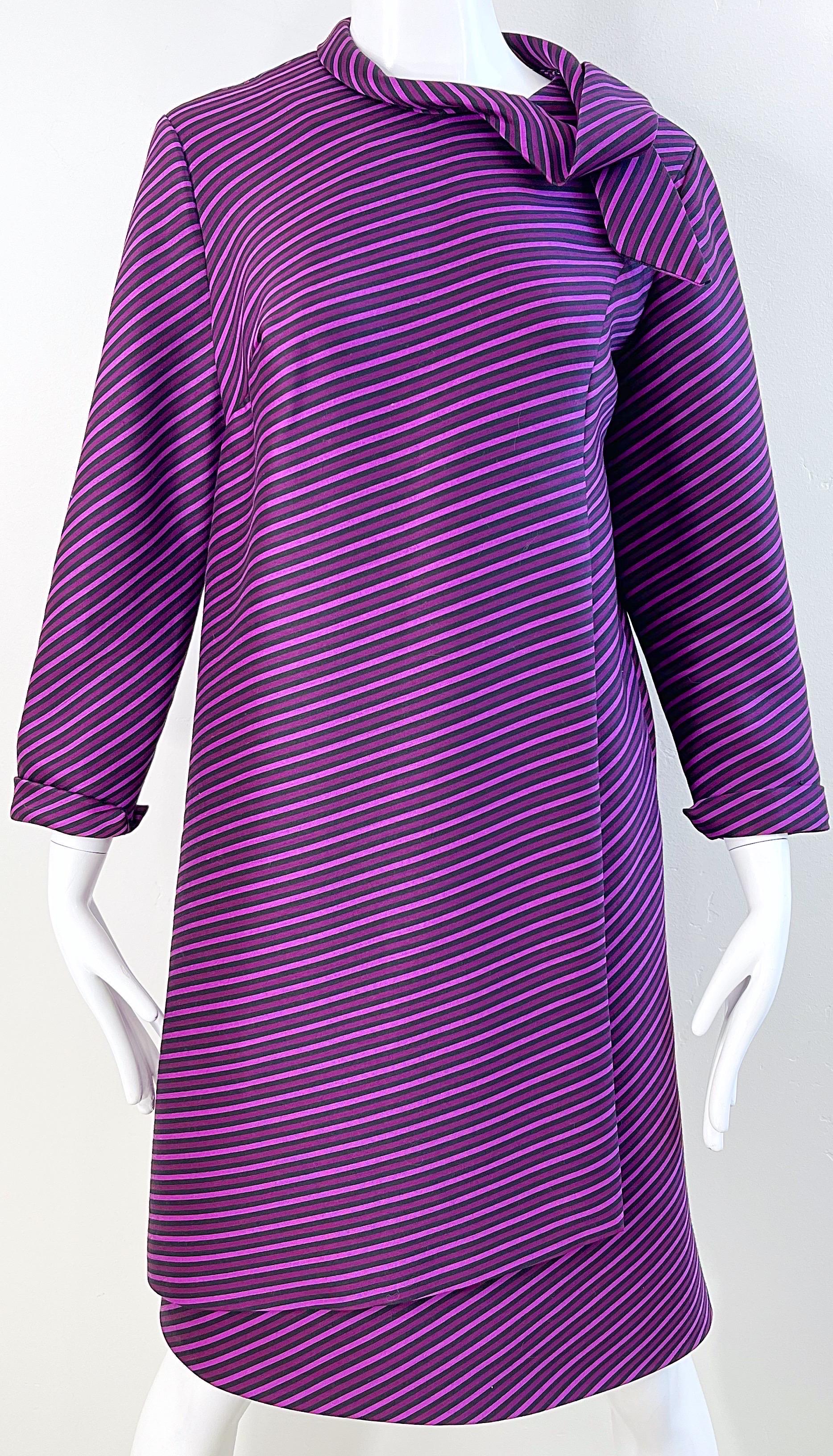 1960s Moe Nathan New York Purple Striped Silk Long Sleeve Vintage 60s Dress For Sale 2