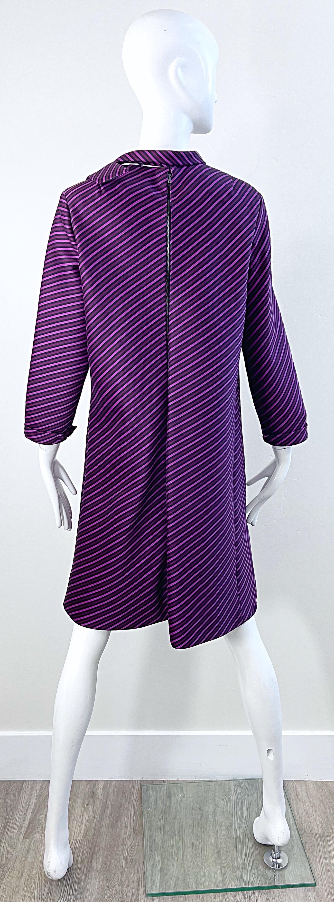 1960s Moe Nathan New York Purple Striped Silk Long Sleeve Vintage 60s Dress For Sale 3