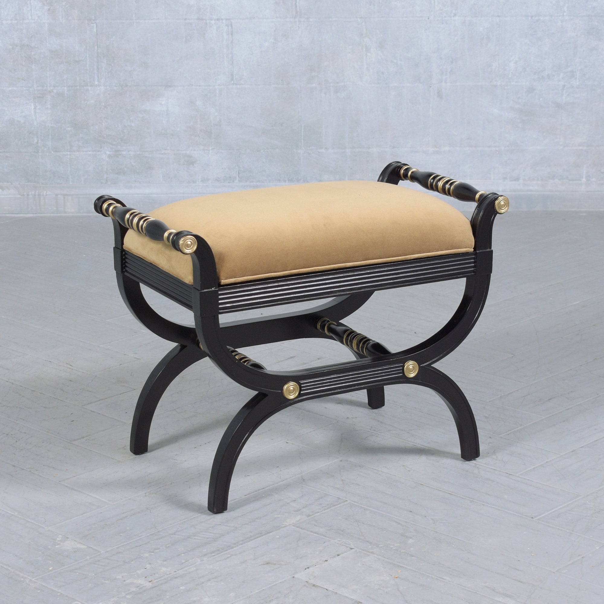 Step into classic elegance with our 1960s Regency Style Bench, masterfully hand-crafted from walnut wood and meticulously restored, refinished, and reupholstered by our expert in-house craftsman team. This petite vintage bench, in great condition,