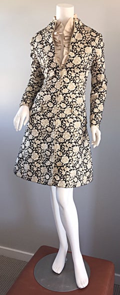 1960s Mollie Parnis Black + Gold Floral Silk Brocade Edwardian A - Line Dress